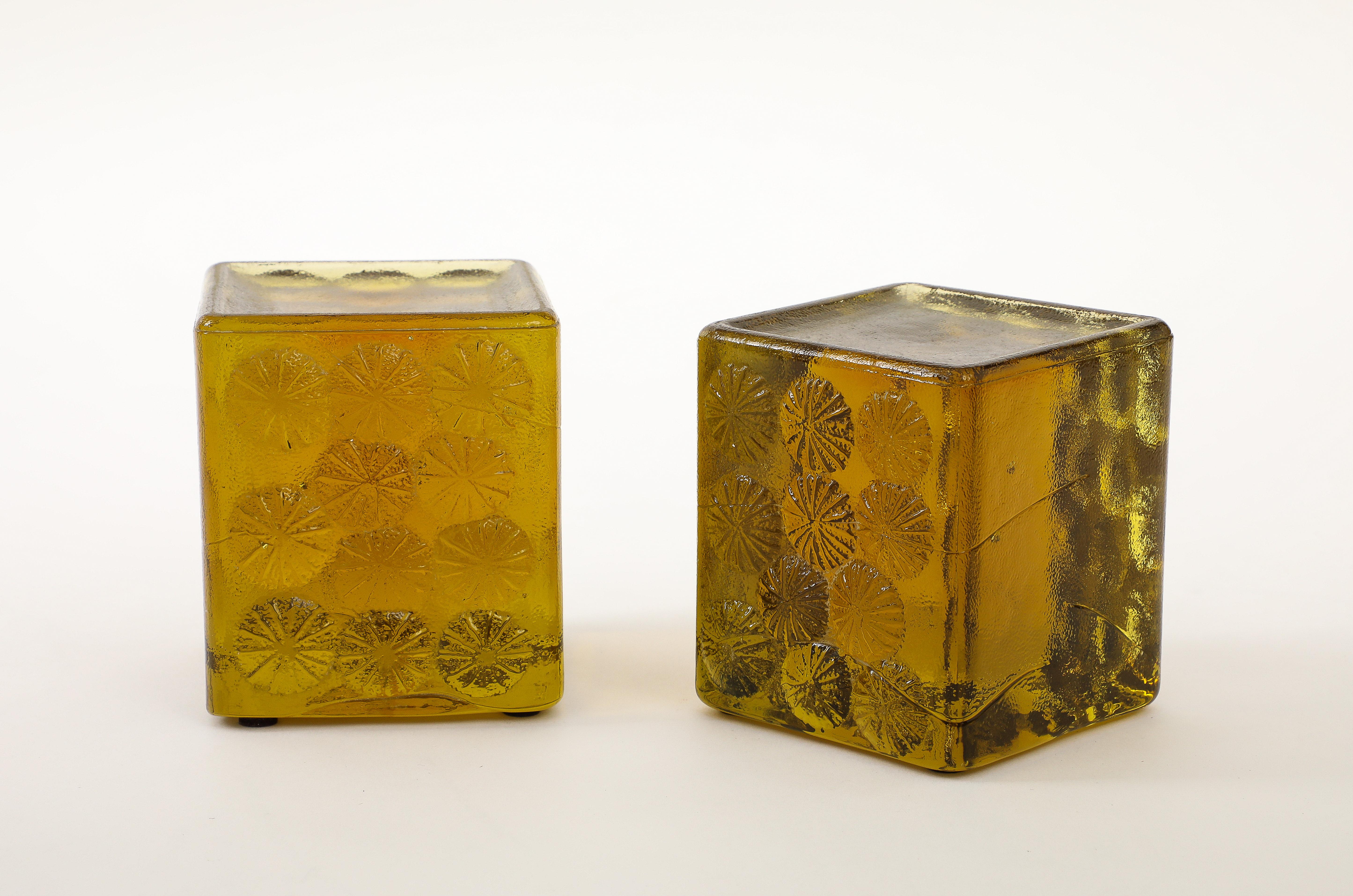Molded Blenko Chartreuse Green Glass Block Bookends