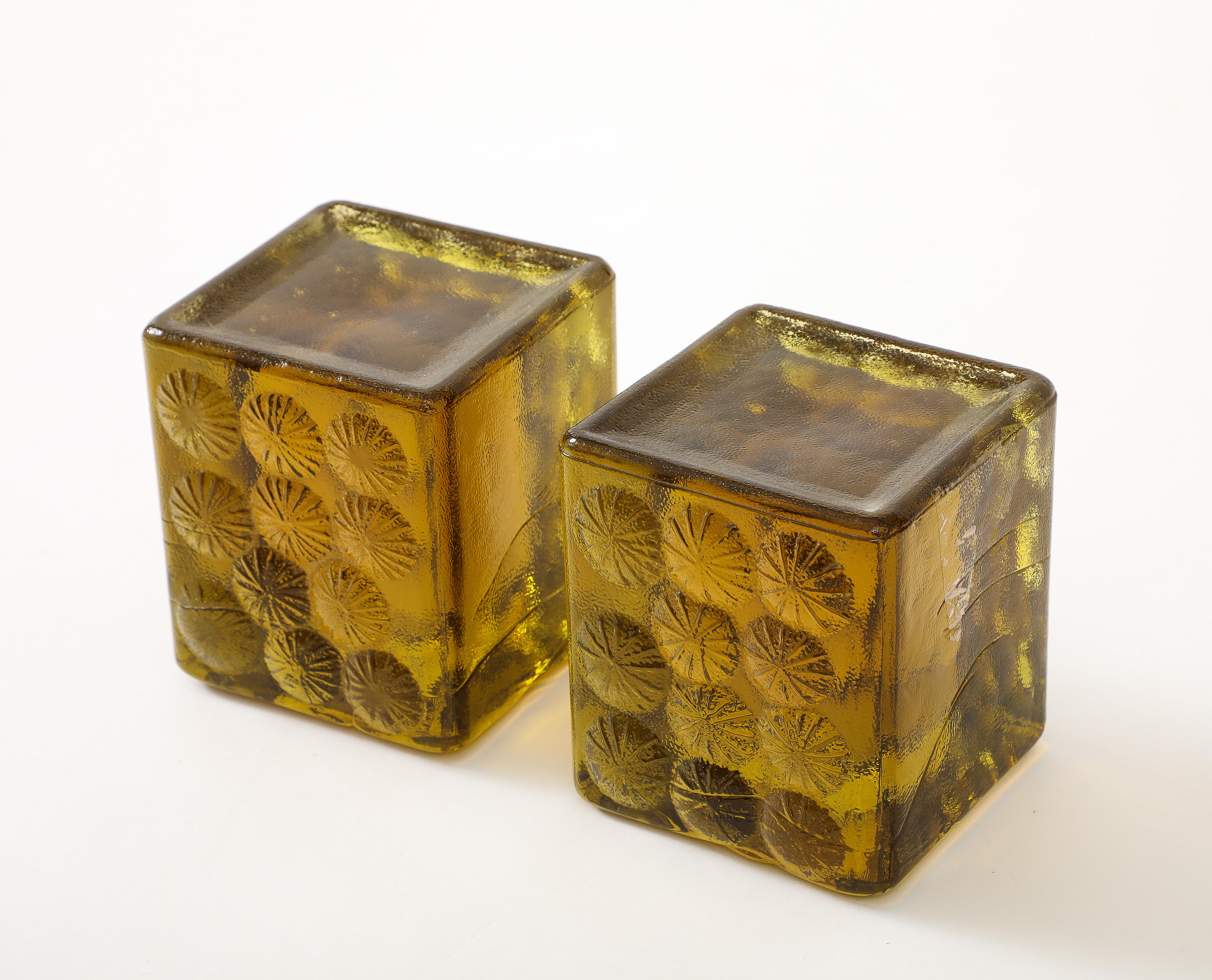 Blenko Chartreuse Green Glass Block Bookends In Excellent Condition In New York, NY