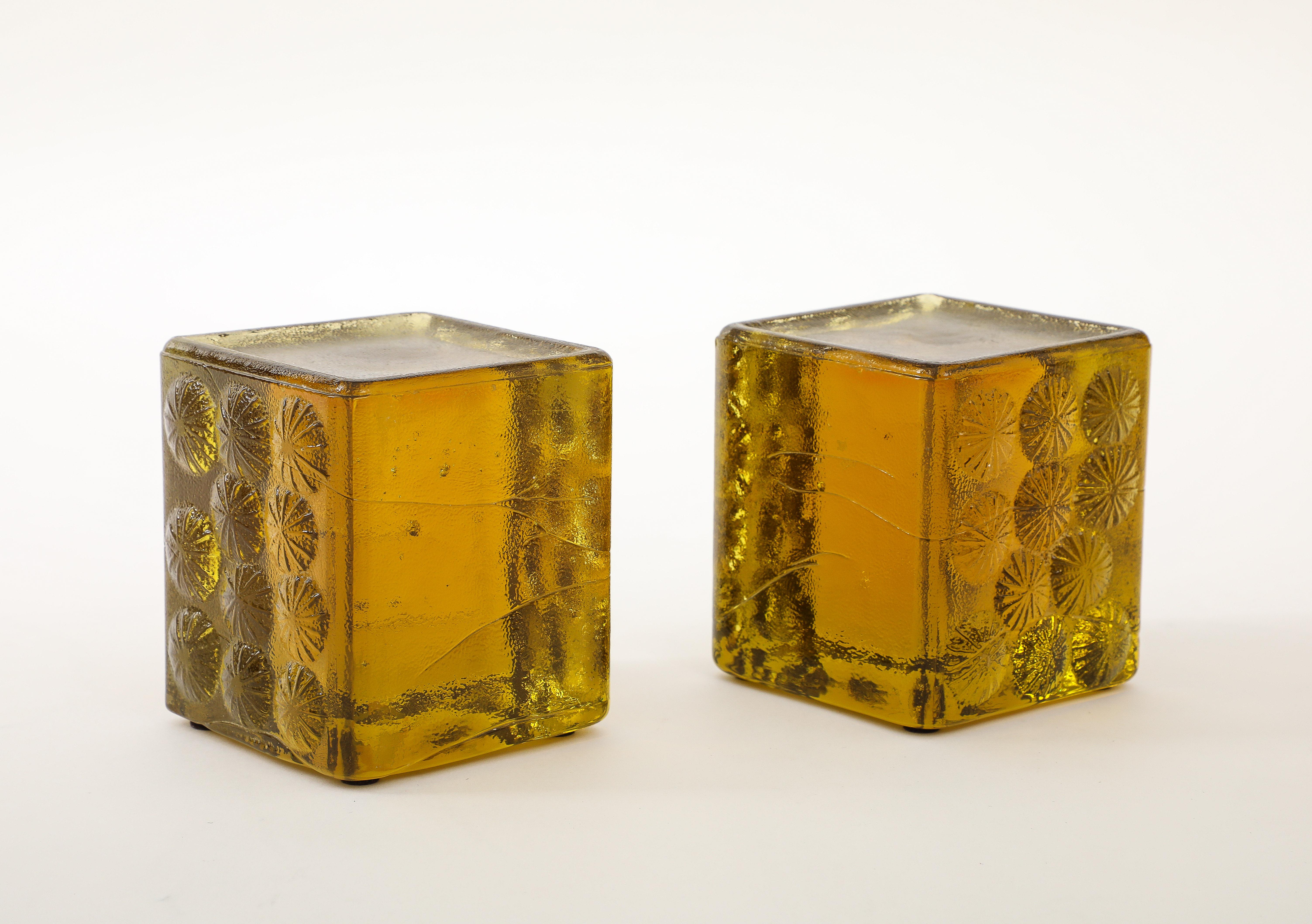 20th Century Blenko Chartreuse Green Glass Block Bookends