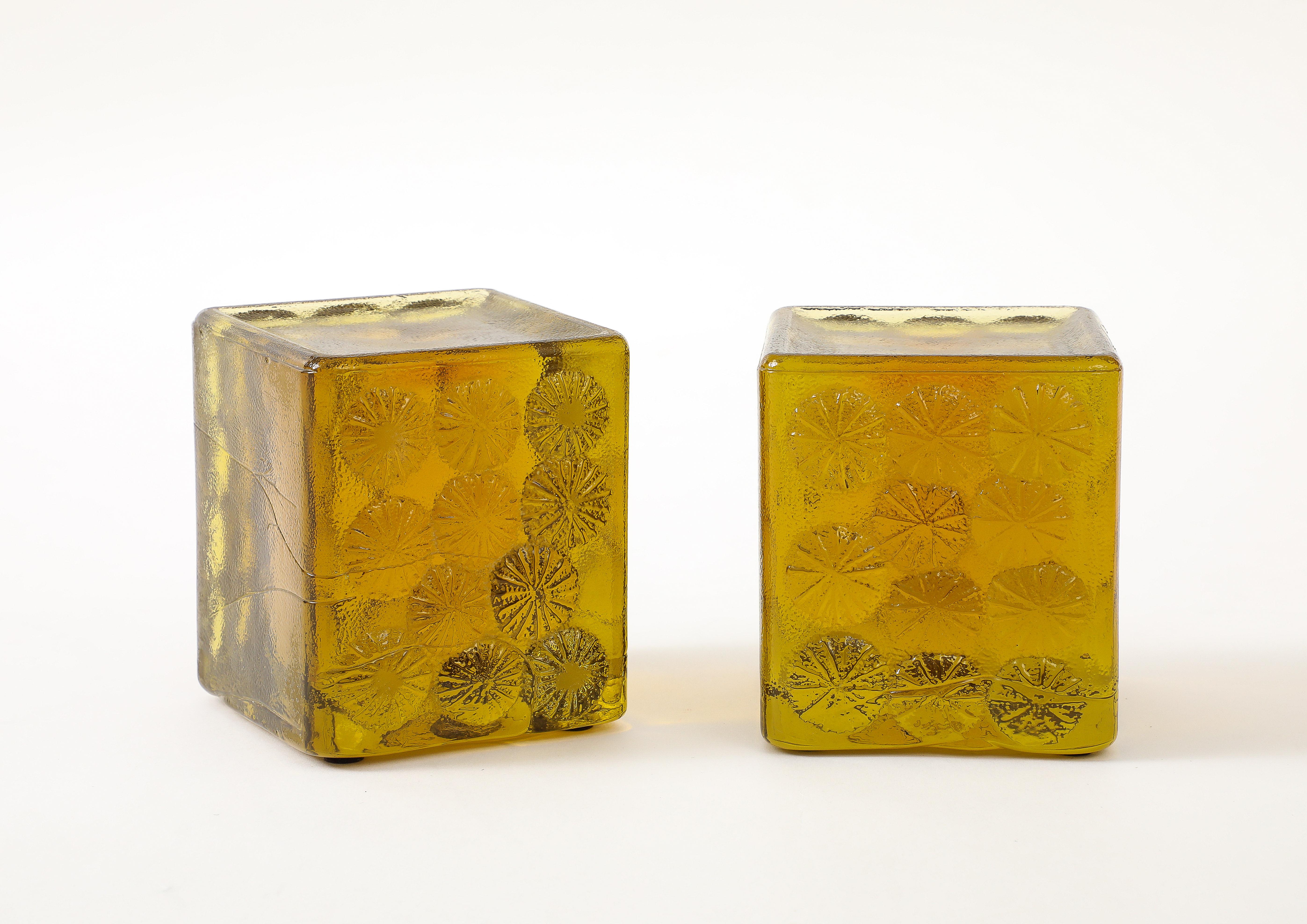 Art Glass Blenko Chartreuse Green Glass Block Bookends