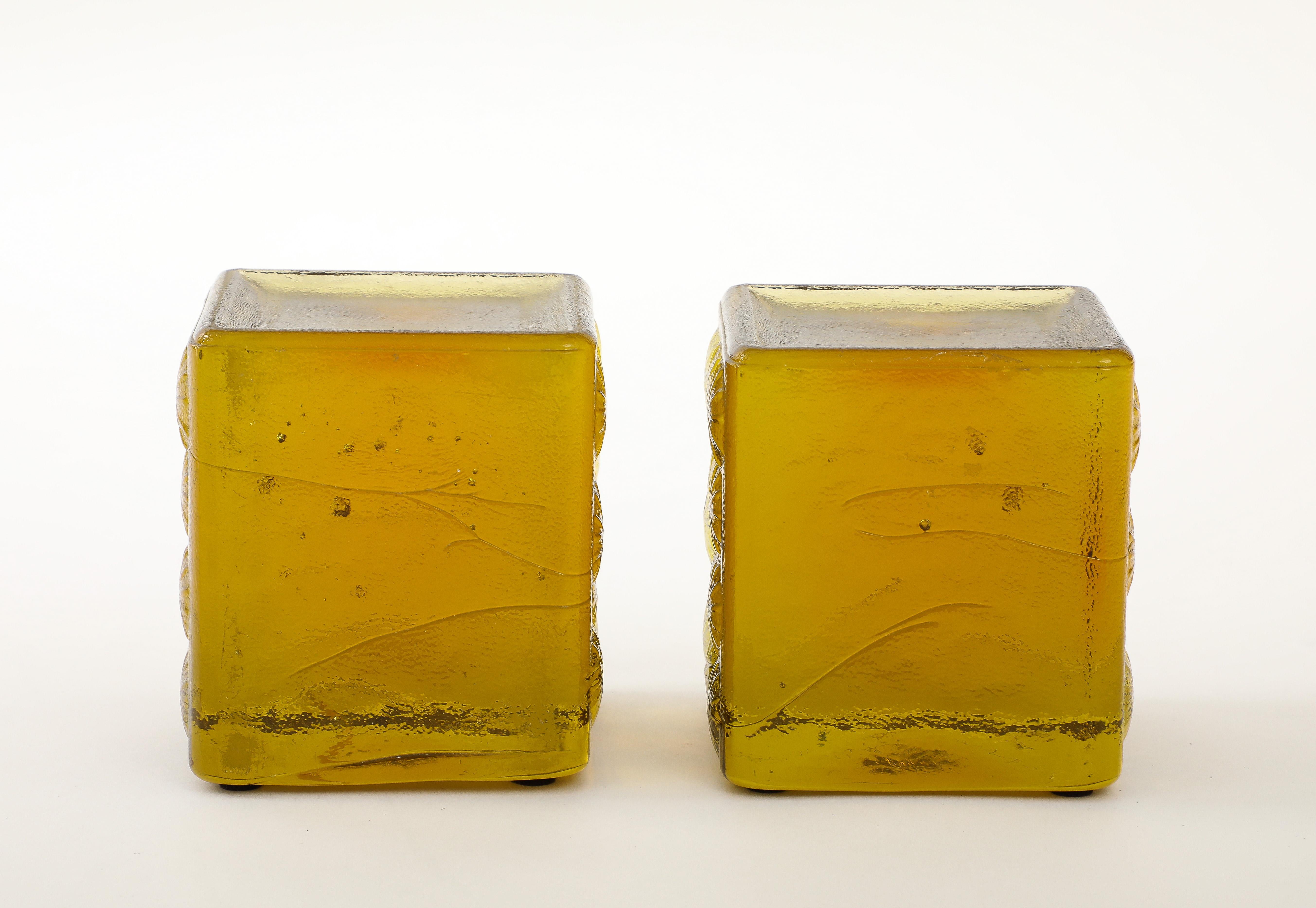 Blenko Chartreuse Green Glass Block Bookends 1
