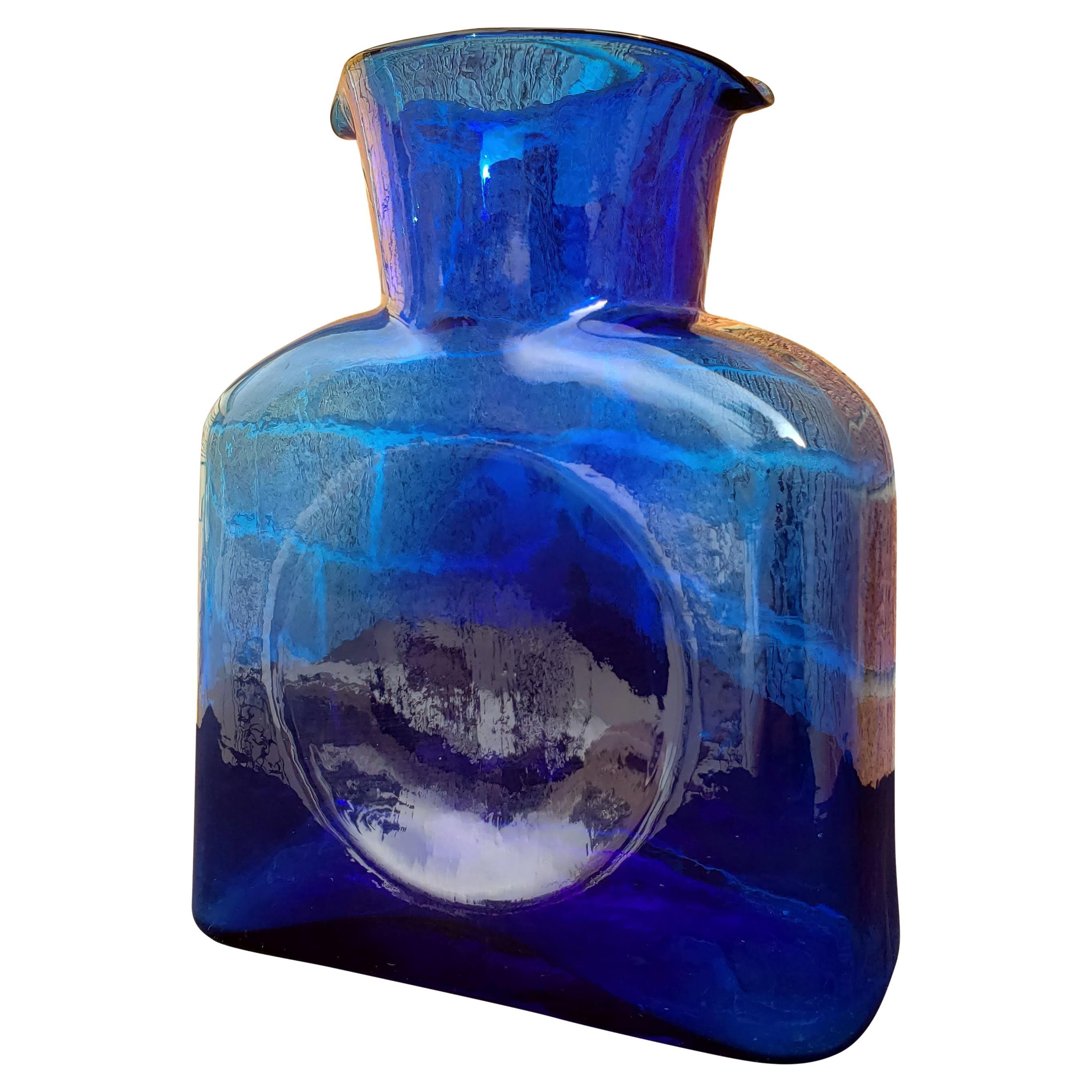 Mcm Cobalt Blue Blenko Art Glass Flowers Embossed Textured Decanter W Stopper