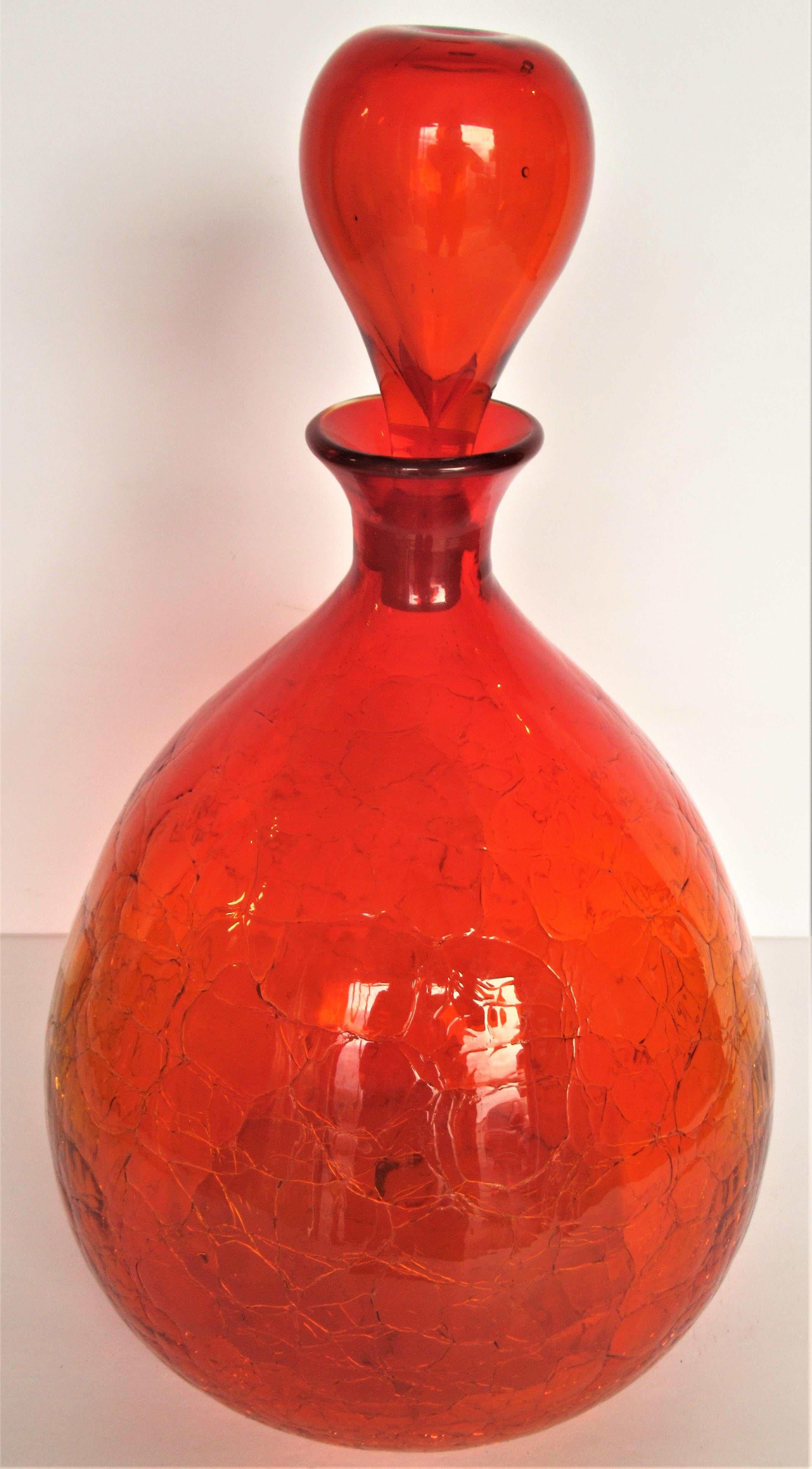 Mid-Century Modern Blenko Crackle Glass Decanter Bottle by Wayne Husted