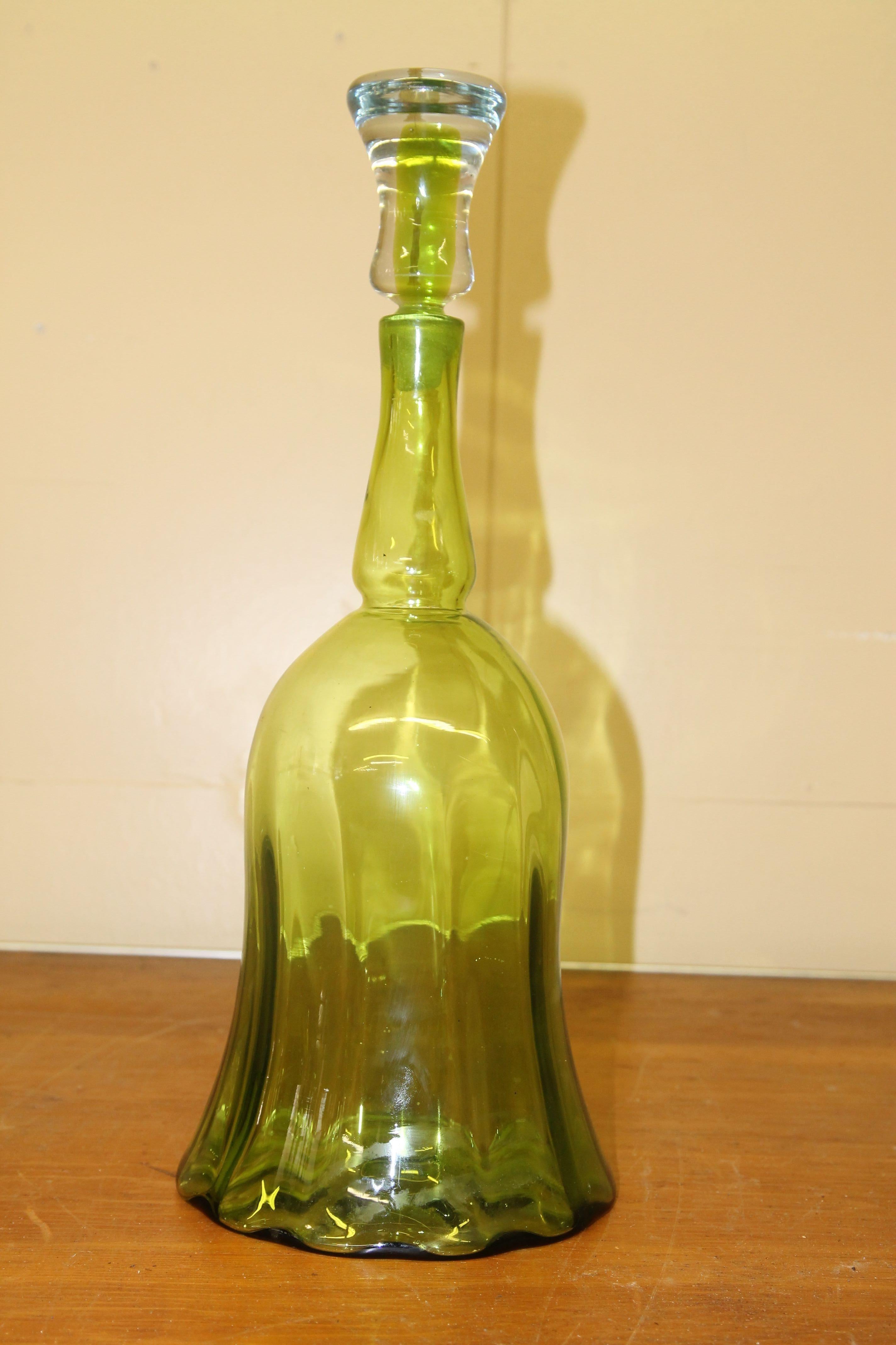 Great green and clear glass Blenko decanter. This beautiful piece was designed in 1968 by Joel Myers. Notice how the stopper has the clear and green glass.