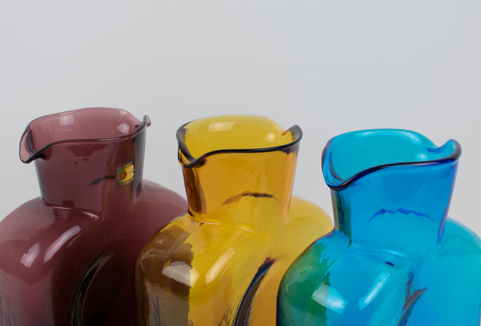 Blenko Glass Double Spouted Pitcher Decanter, a trio in Mid-Century Colors 5