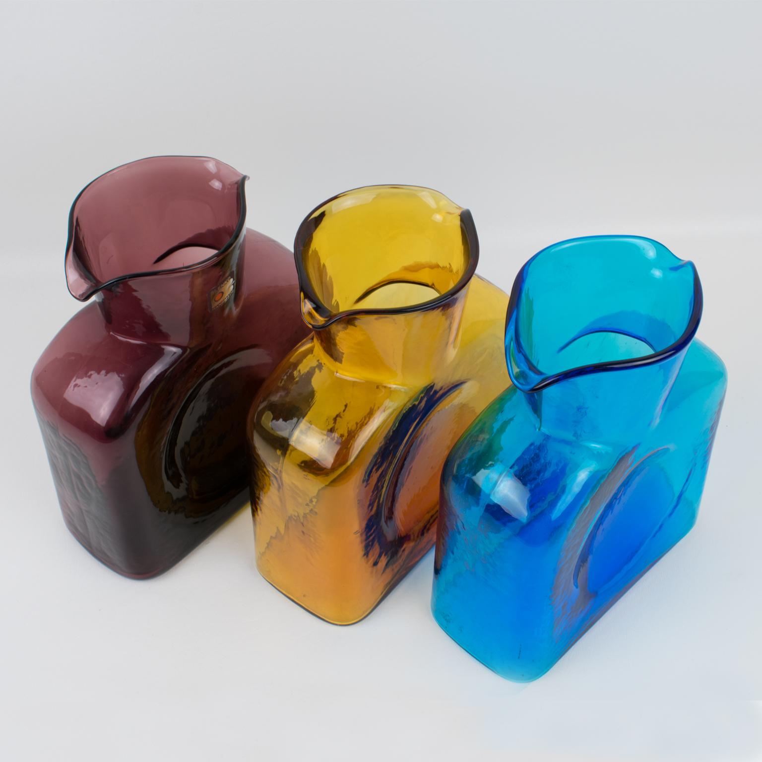 Blenko Glass Double Spouted Pitcher Decanter, a trio in Mid-Century Colors 6