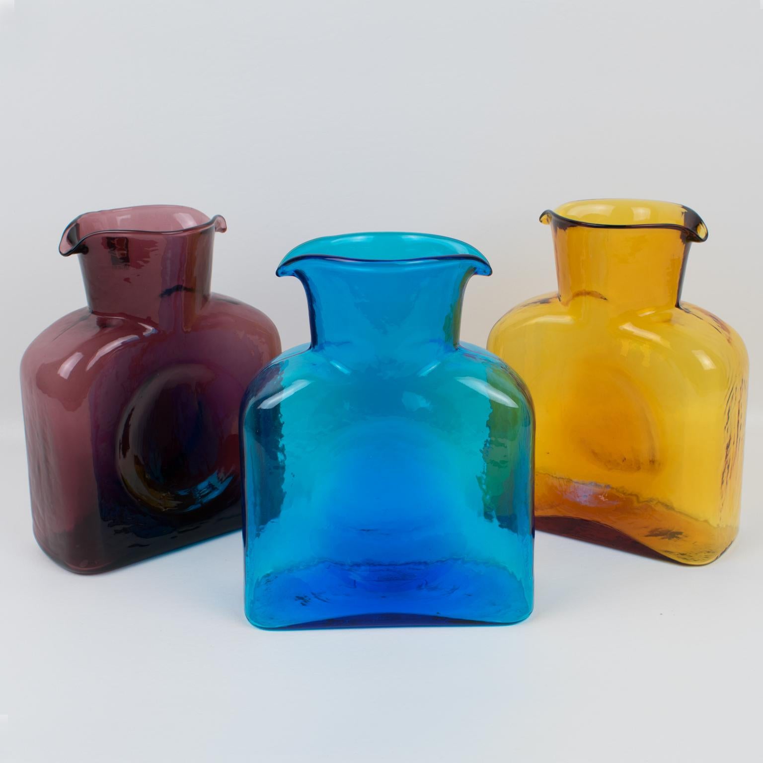Blenko Glass Double Spouted Pitcher Decanter, a trio in Mid-Century Colors 7