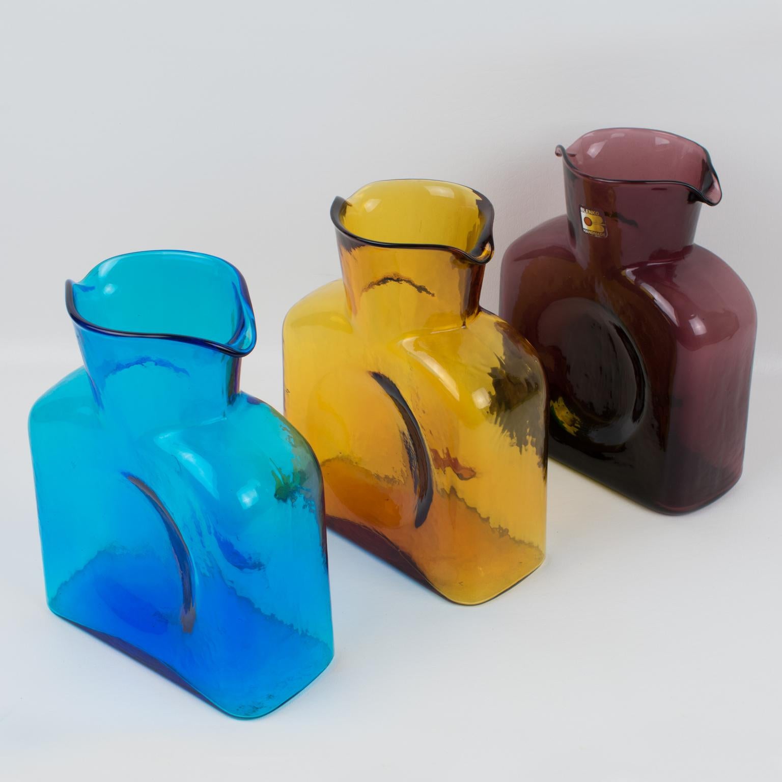 Mid-Century Modern Blenko Glass Double Spouted Pitcher Decanter, a trio in Mid-Century Colors