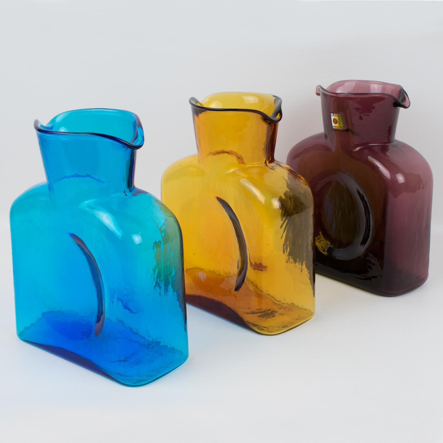 American Blenko Glass Double Spouted Pitcher Decanter, a trio in Mid-Century Colors