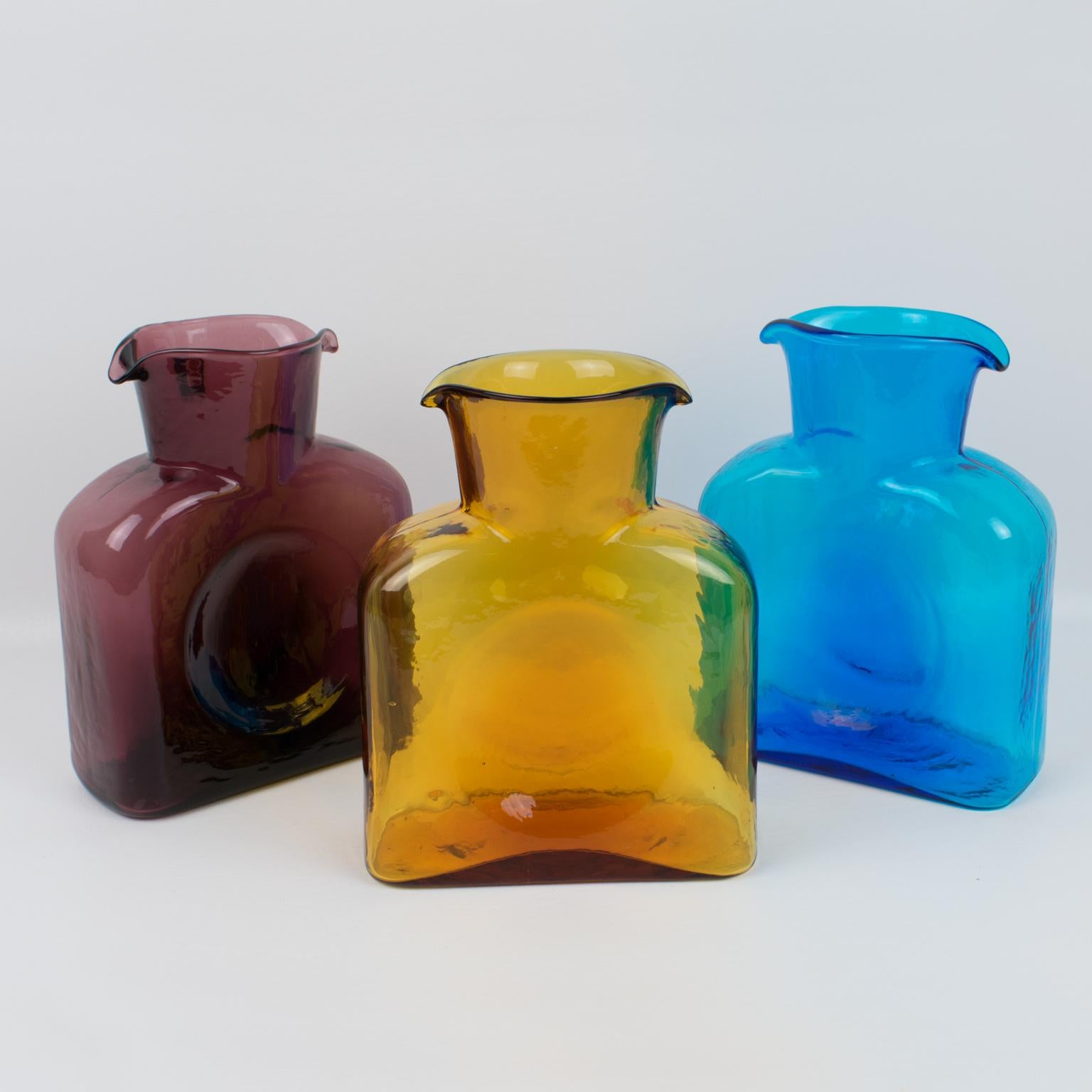 Blenko Glass Double Spouted Pitcher Decanter, a trio in Mid-Century Colors In Excellent Condition In Atlanta, GA