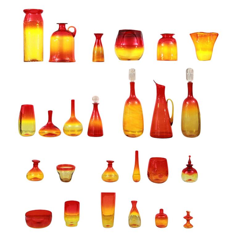 Blenko Glass Ensemble by Wayne Husted in Red, Yellow & Orange Tones