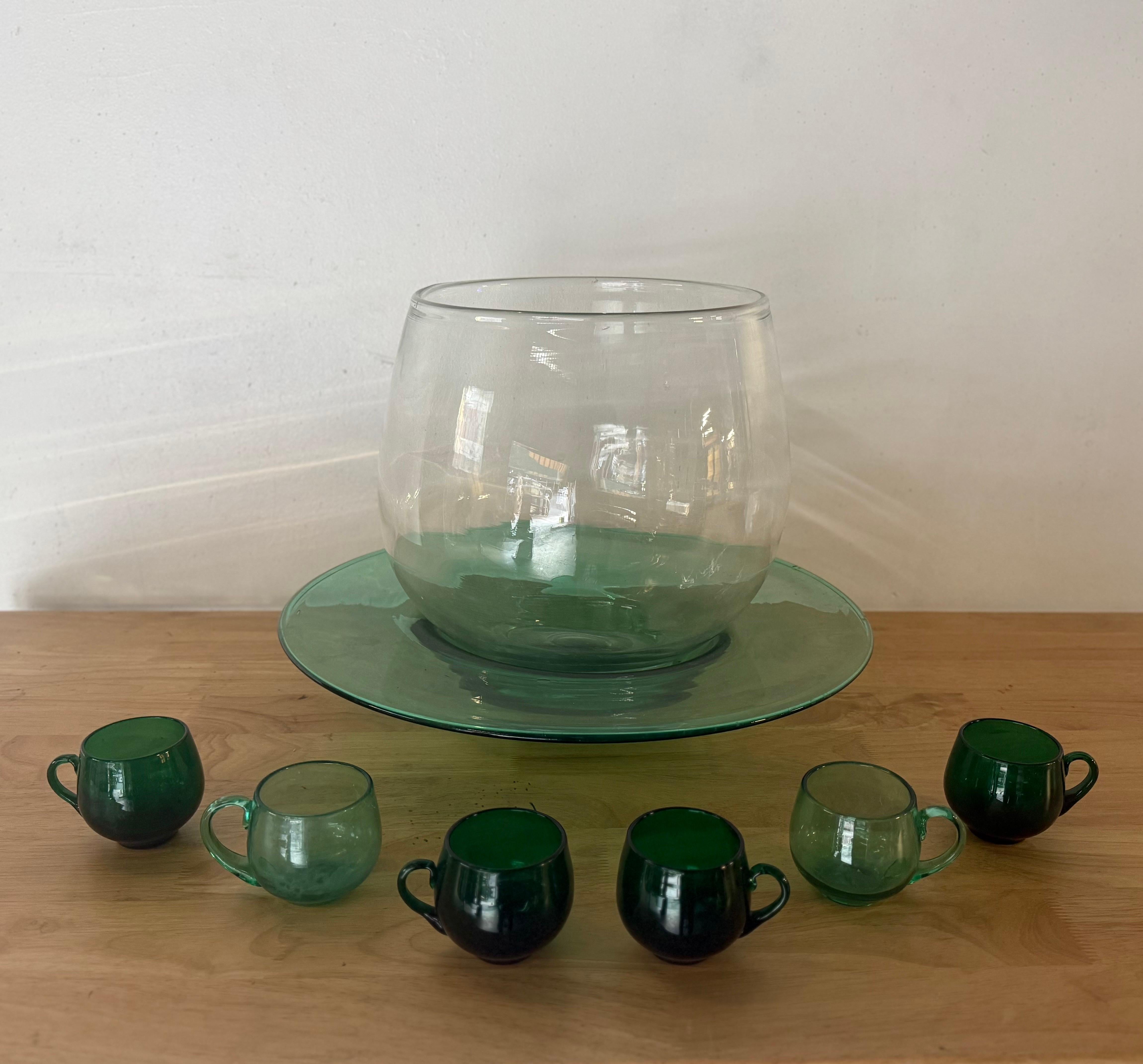 Mid-Century Modern Blenko Glass Punch Bowls and Glasses with Service for Six For Sale