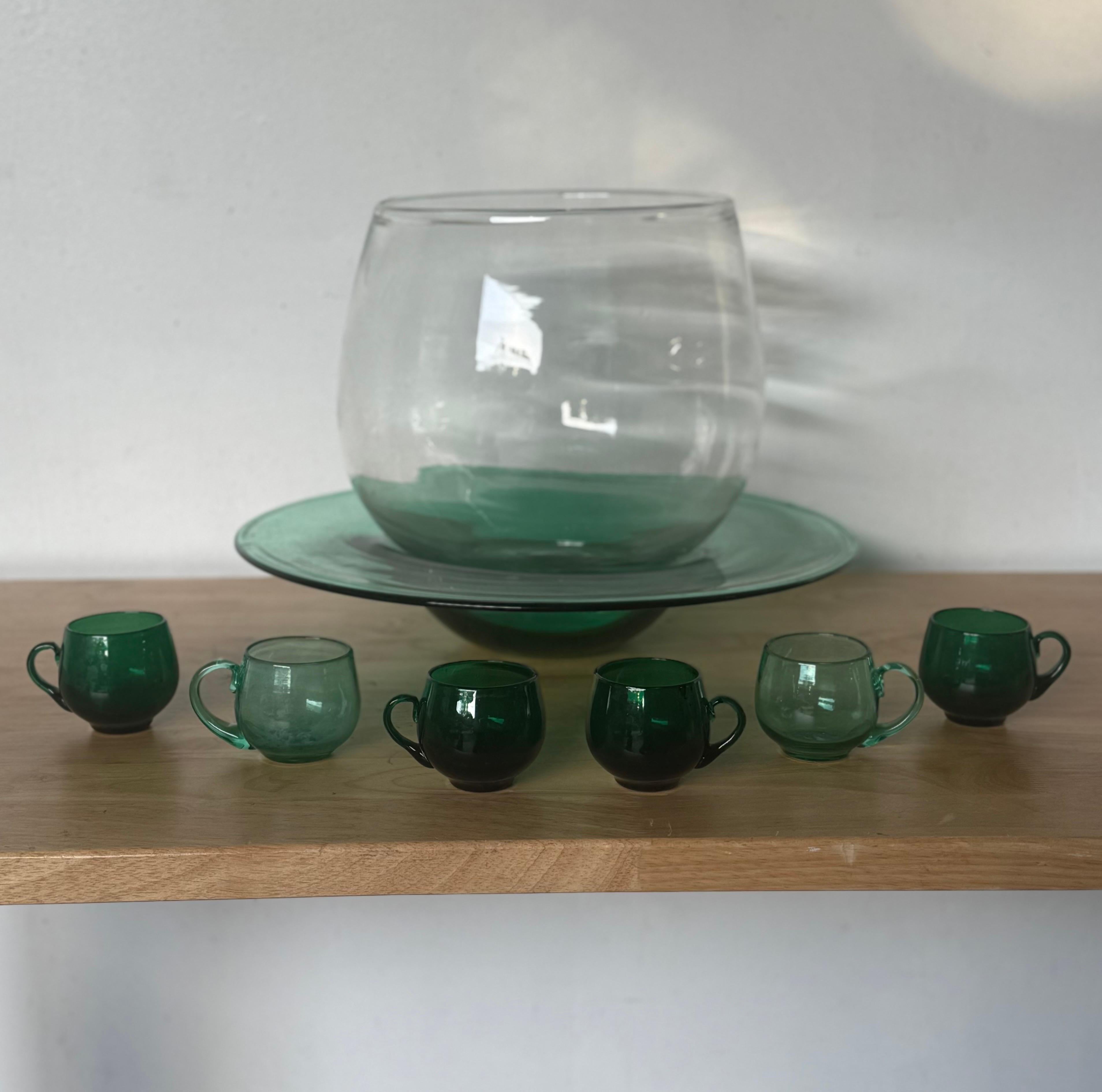 American Blenko Glass Punch Bowls and Glasses with Service for Six For Sale