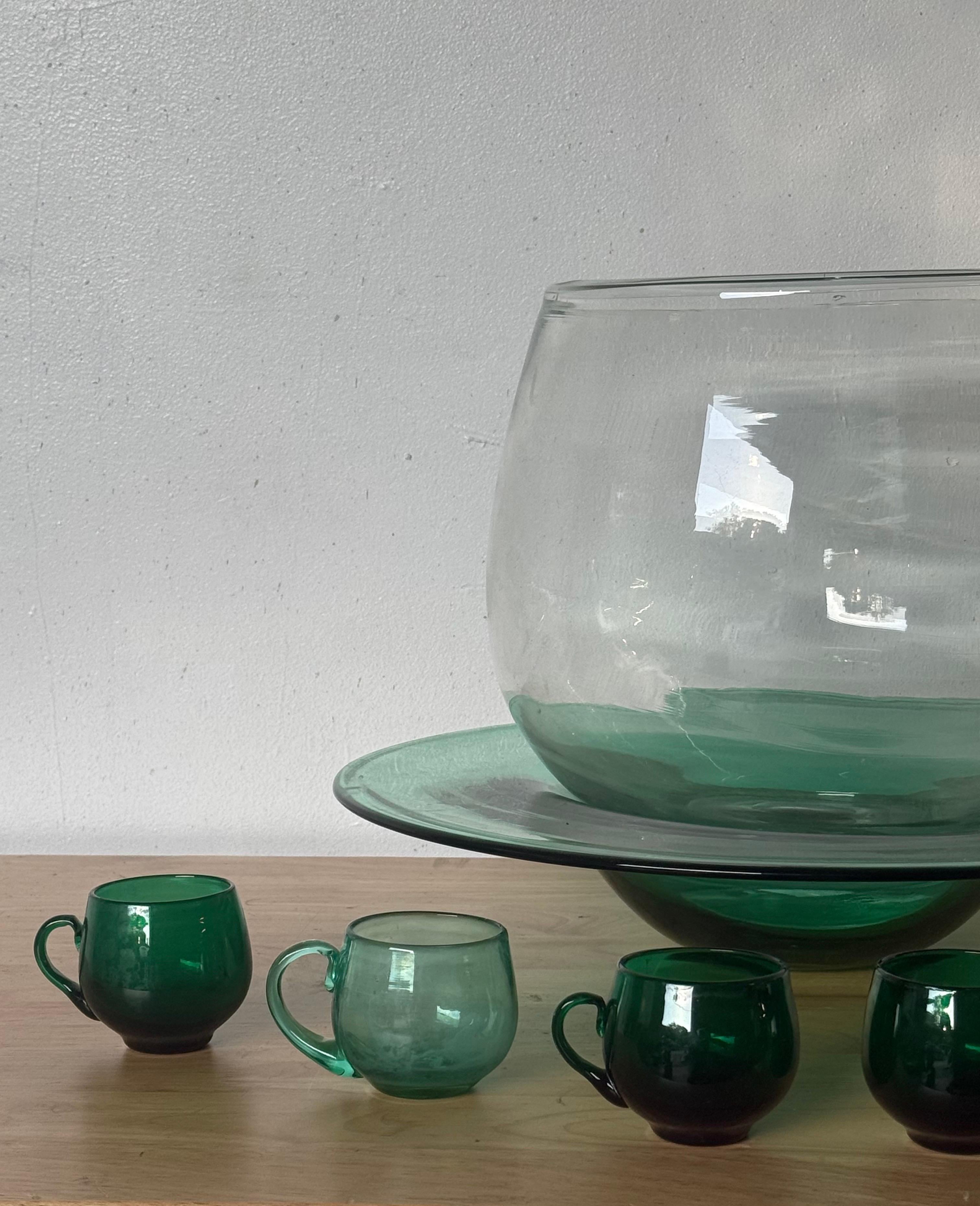 Blenko Glass Punch Bowls and Glasses with Service for Six In Good Condition For Sale In Brooklyn, NY