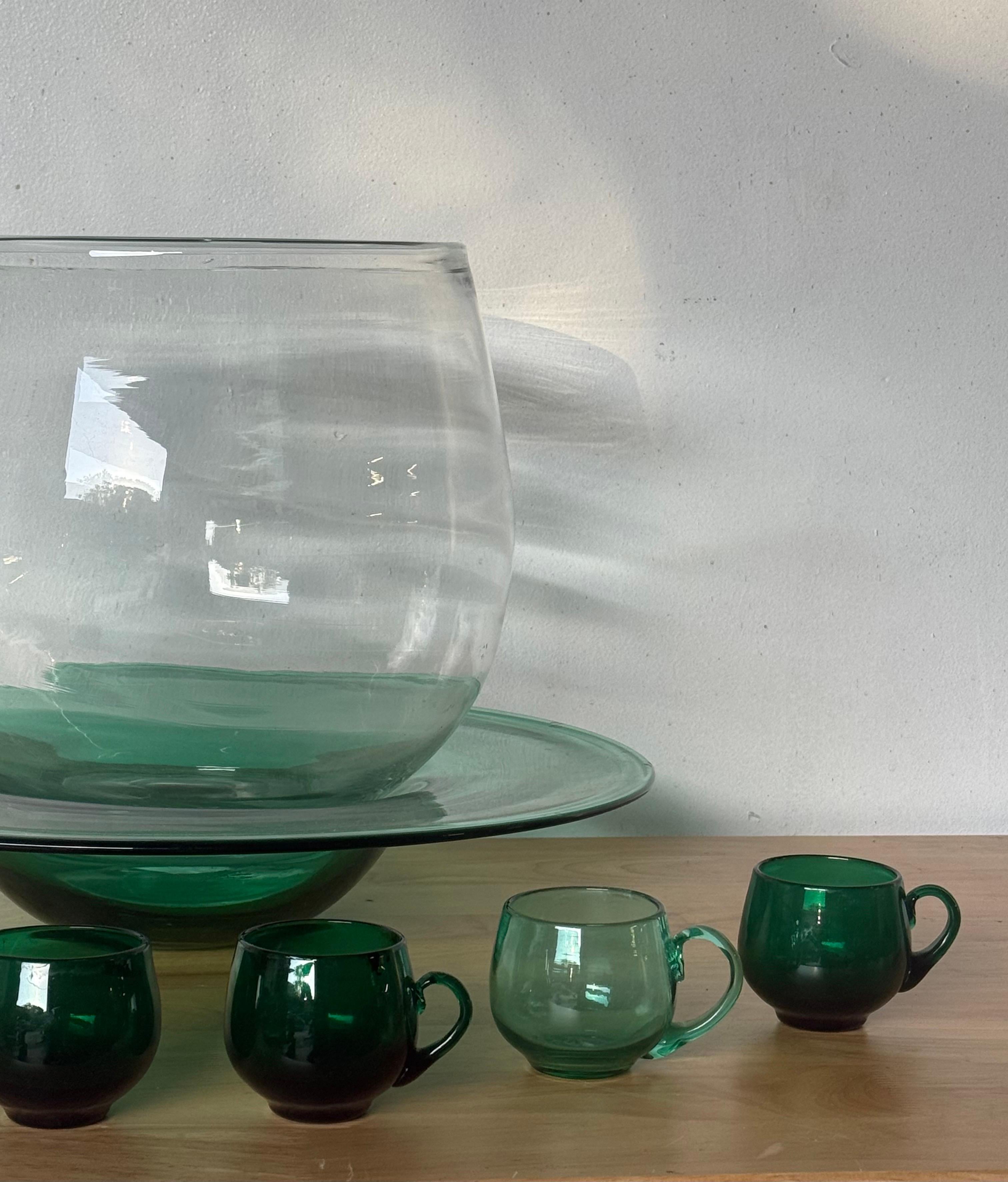 20th Century Blenko Glass Punch Bowls and Glasses with Service for Six For Sale
