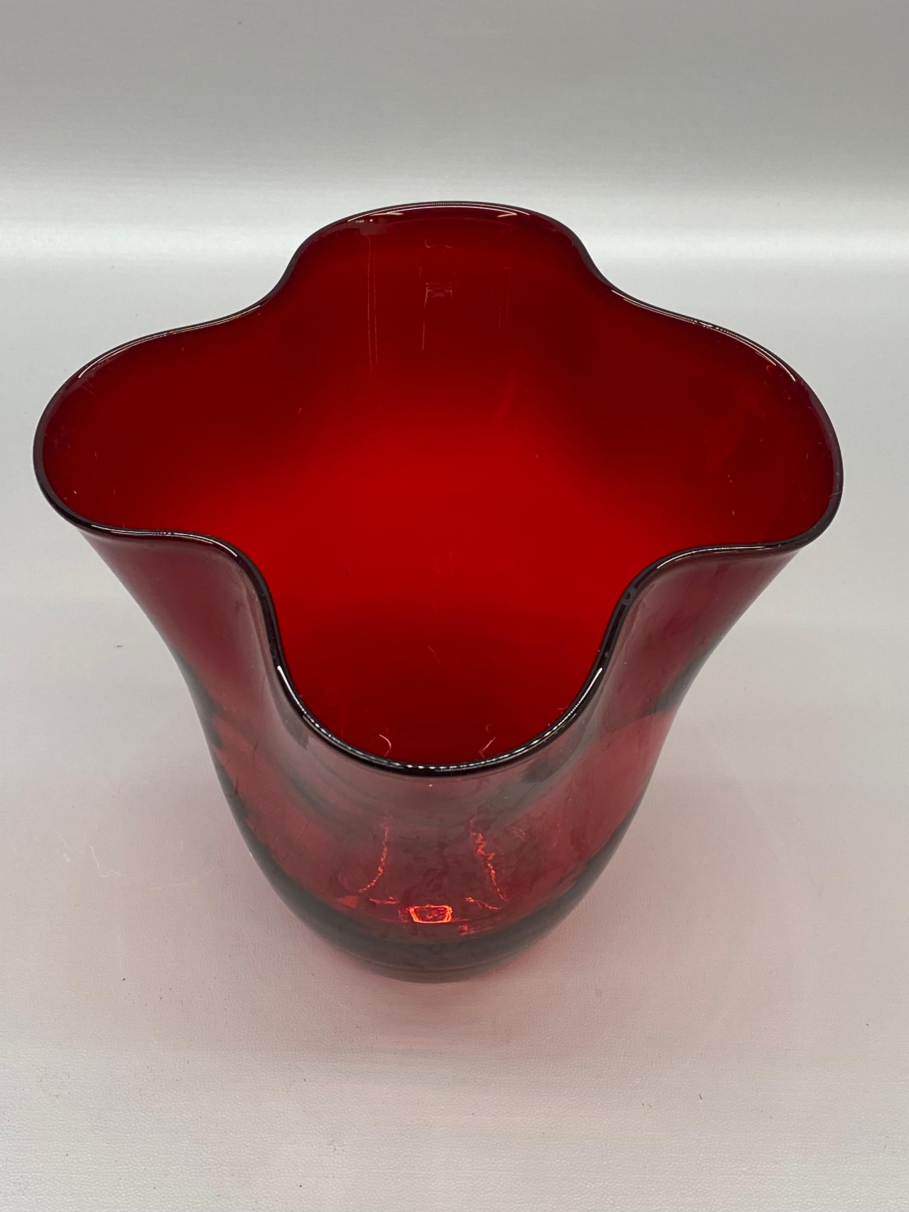 Mid-Century Modern Blenko Glass Ruby Red Ruffled Edge Vase For Sale