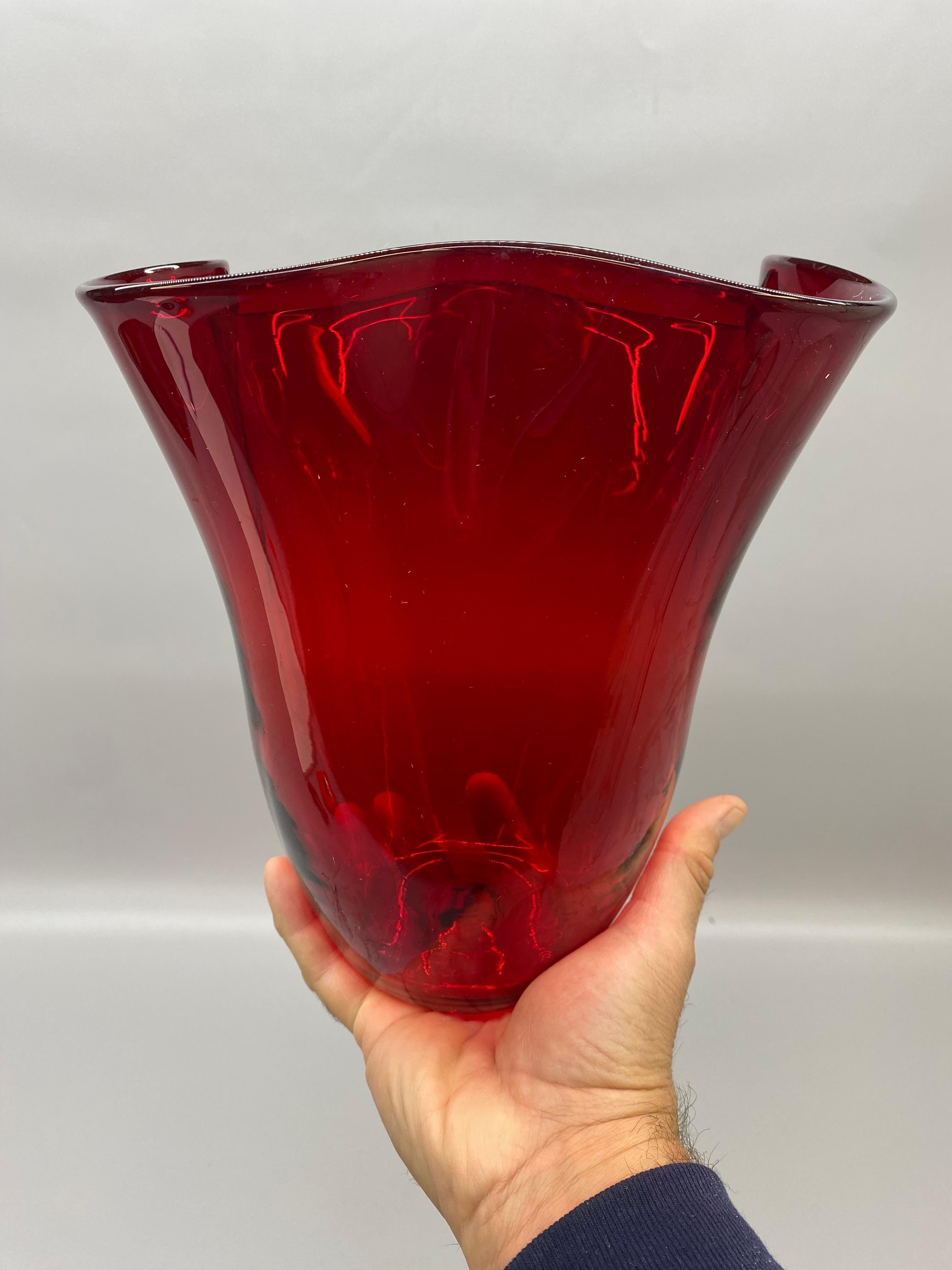 American Blenko Glass Ruby Red Ruffled Edge Vase For Sale