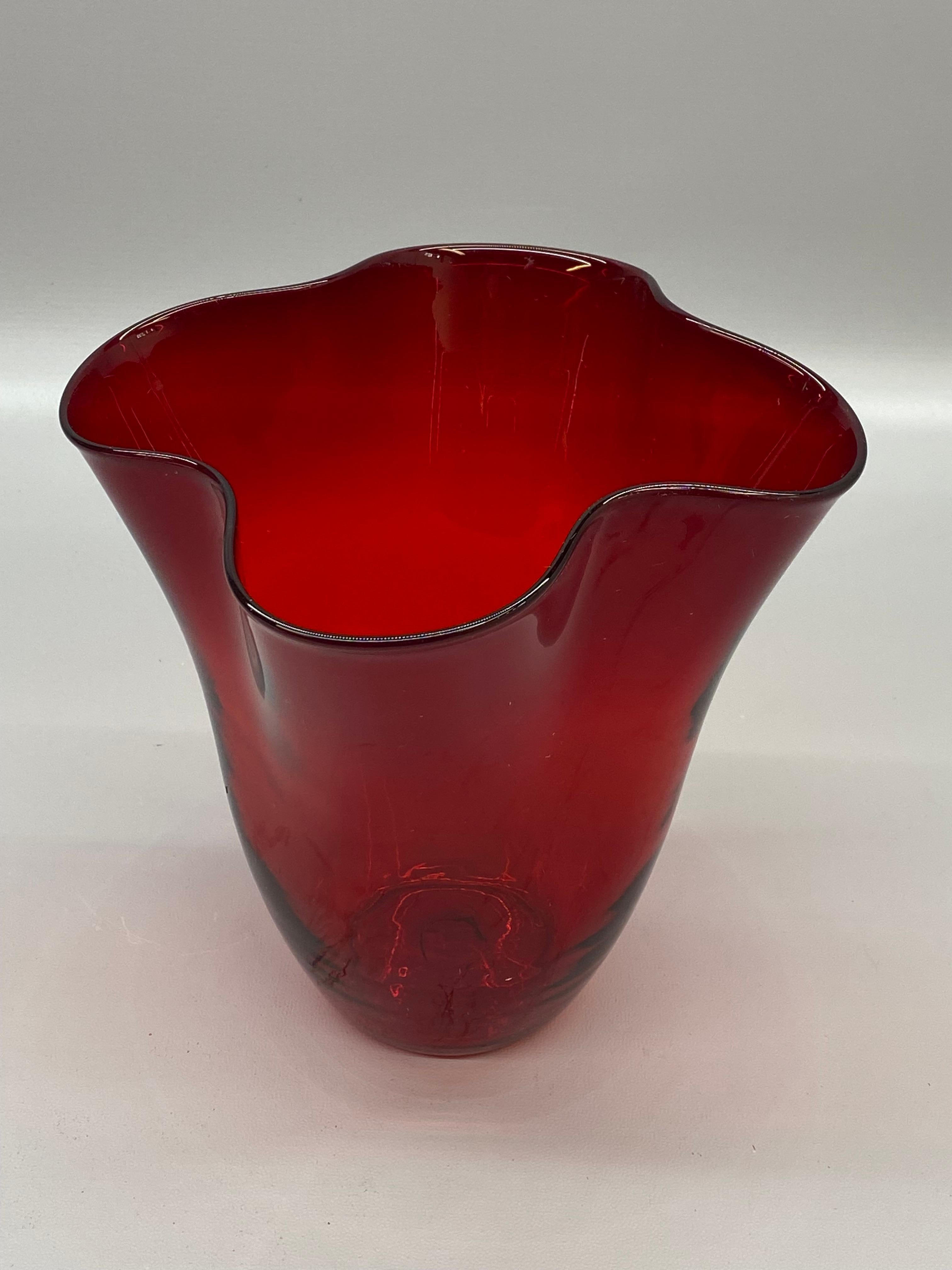 American Blenko Glass Ruby Red Ruffled Edge Vase For Sale