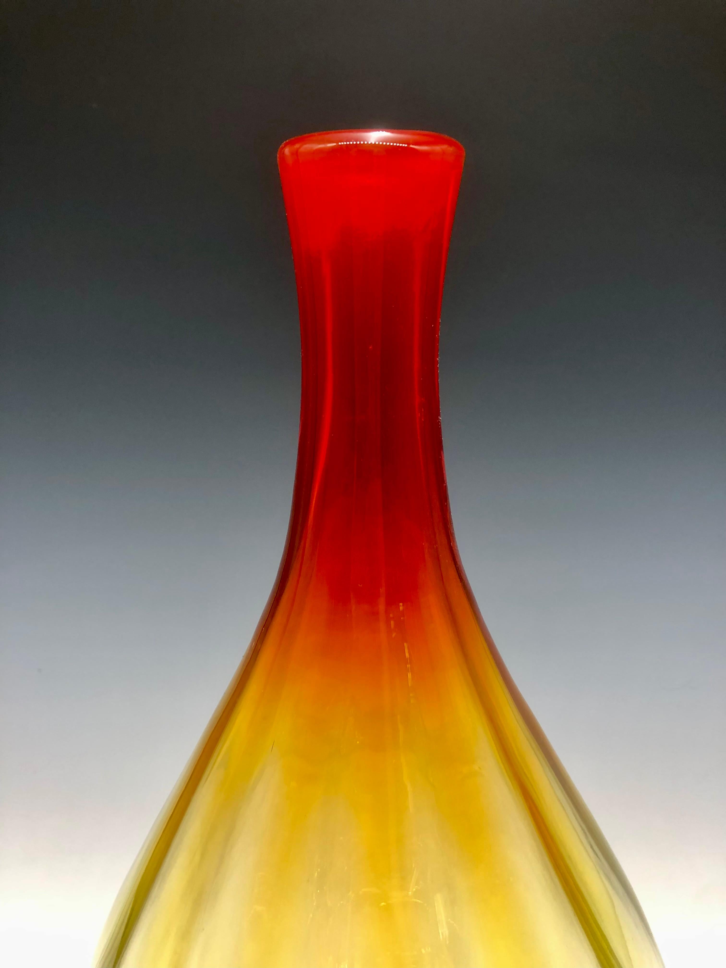 Large Blenko Yellow Red Amberina Ribbed Glass Vase - Sculpture by Blenko Glass