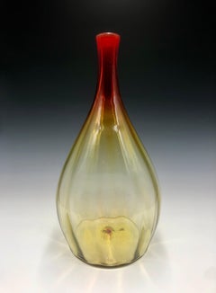 Retro Large Blenko Yellow Red Amberina Ribbed Glass Vase