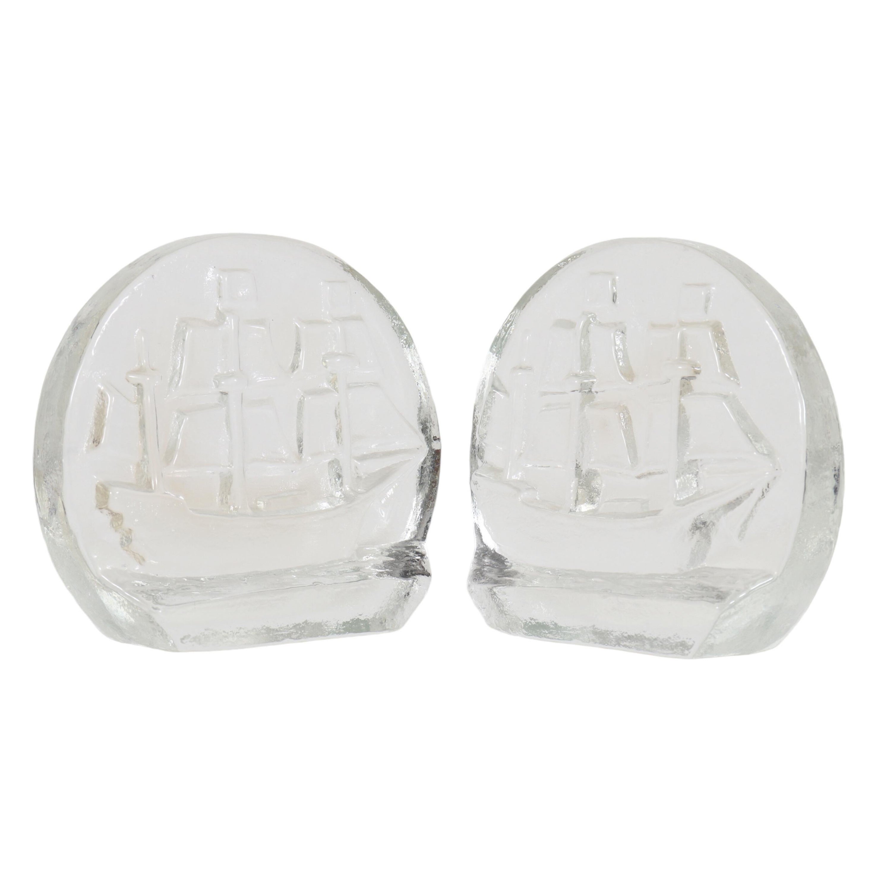 Blenko Glass Ship Bookends, a Pair