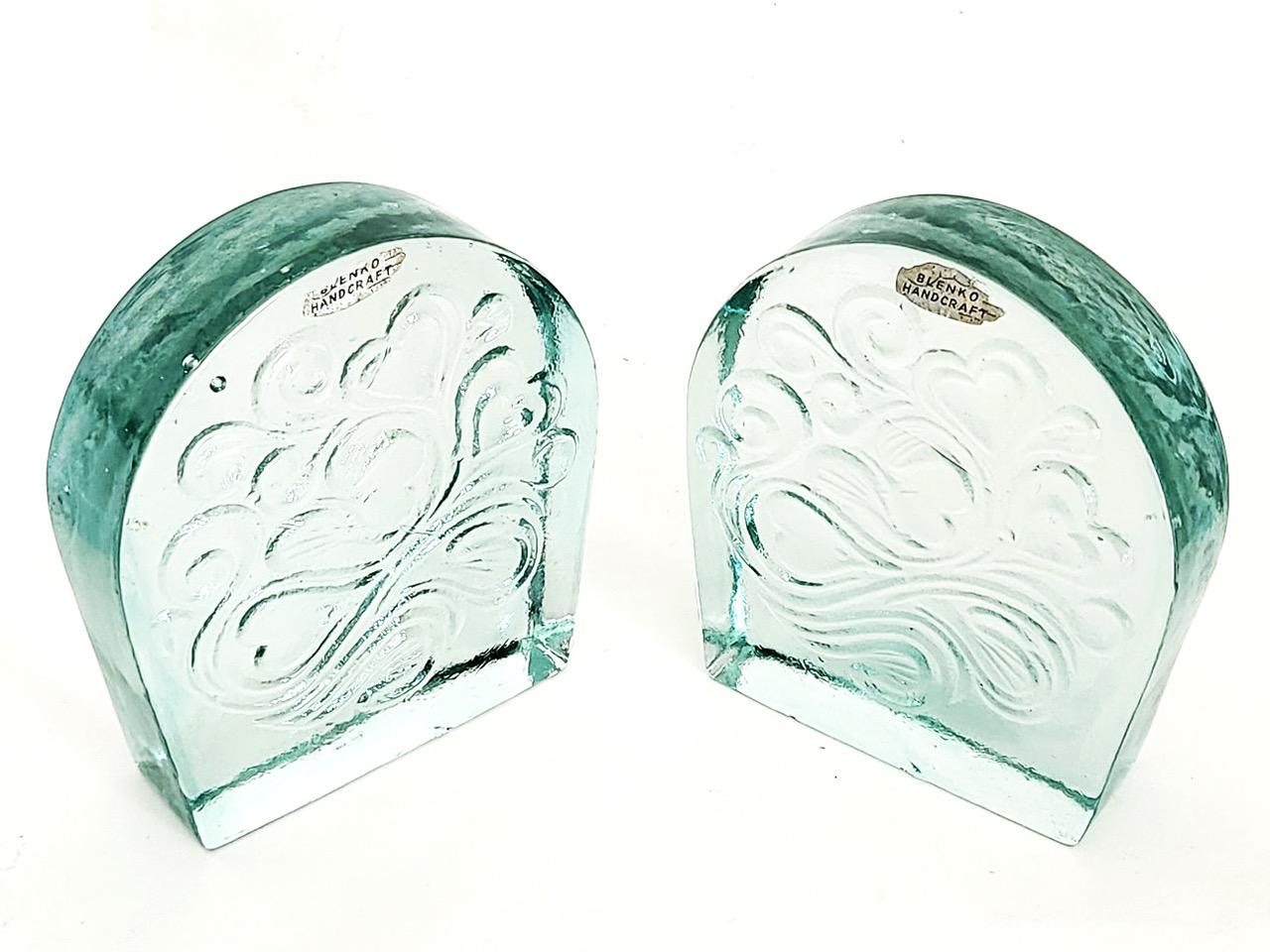 20th Century Blenko Glass Twisted Hearts Clear Block Bookends Wayne Husted, 1969 For Sale