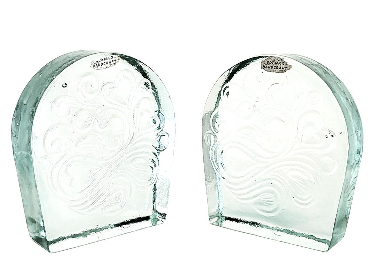 Blenko Glass Twisted Hearts Clear Block Bookends Wayne Husted, 1969 For Sale 1