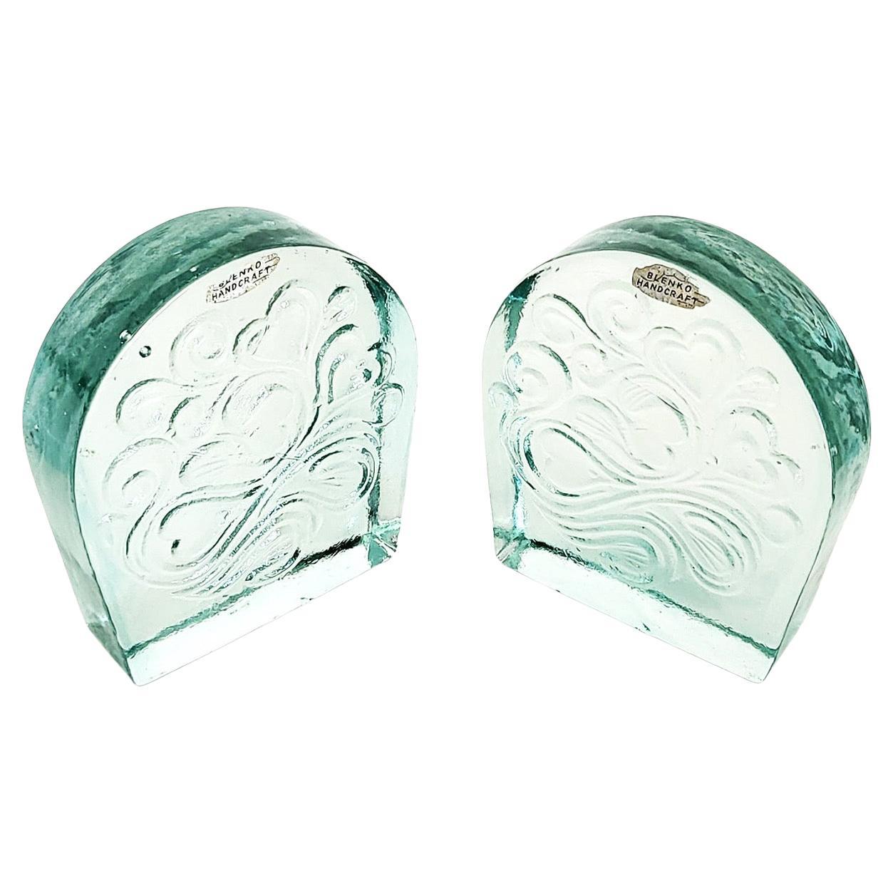 Blenko Glass Twisted Hearts Clear Block Bookends Wayne Husted, 1969 For Sale