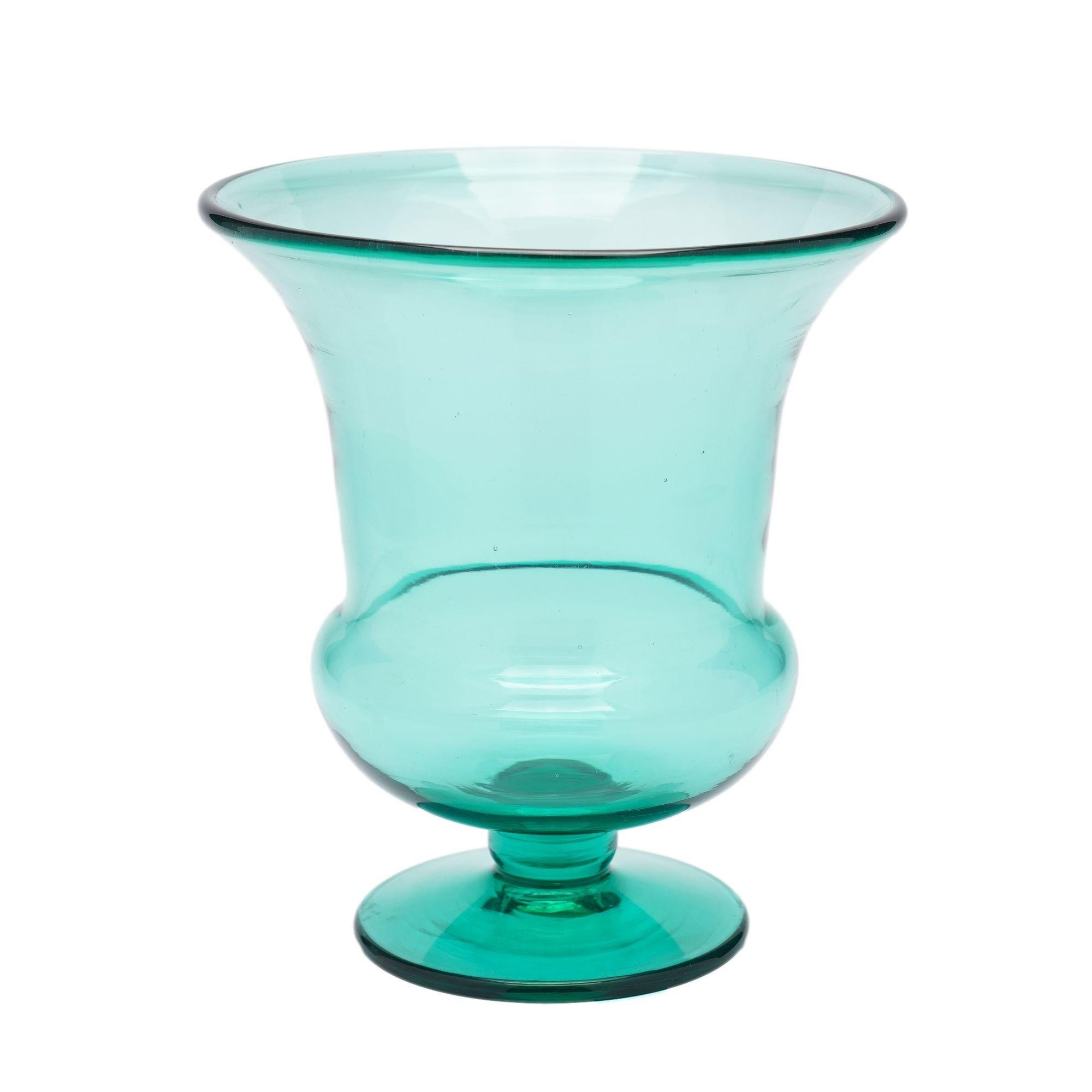 Blown green calyx krater urn form vase by the Blenko Glass Co. This is an early Blenko piece, style number 428L. The base has a rough pontil. Unsigned.
West Virginia, circa 1950.

Dimensions: 7