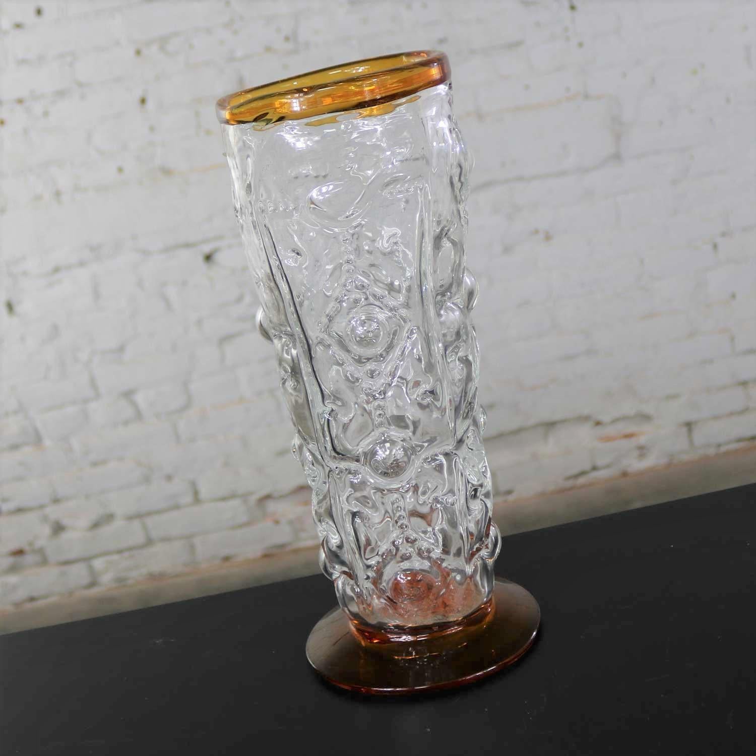 Modern Blenko Hand Blown Glass Vase #9426 in Crystal and Topaz by Hank Adams