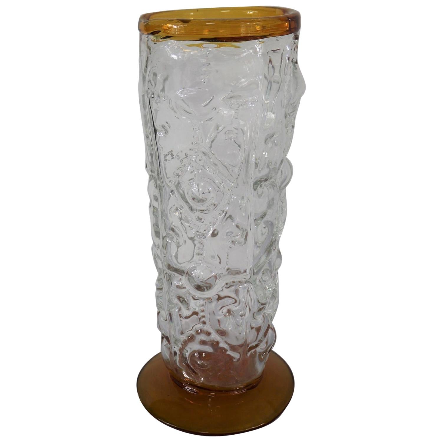 Blenko Hand Blown Glass Vase #9426 in Crystal and Topaz by Hank Adams