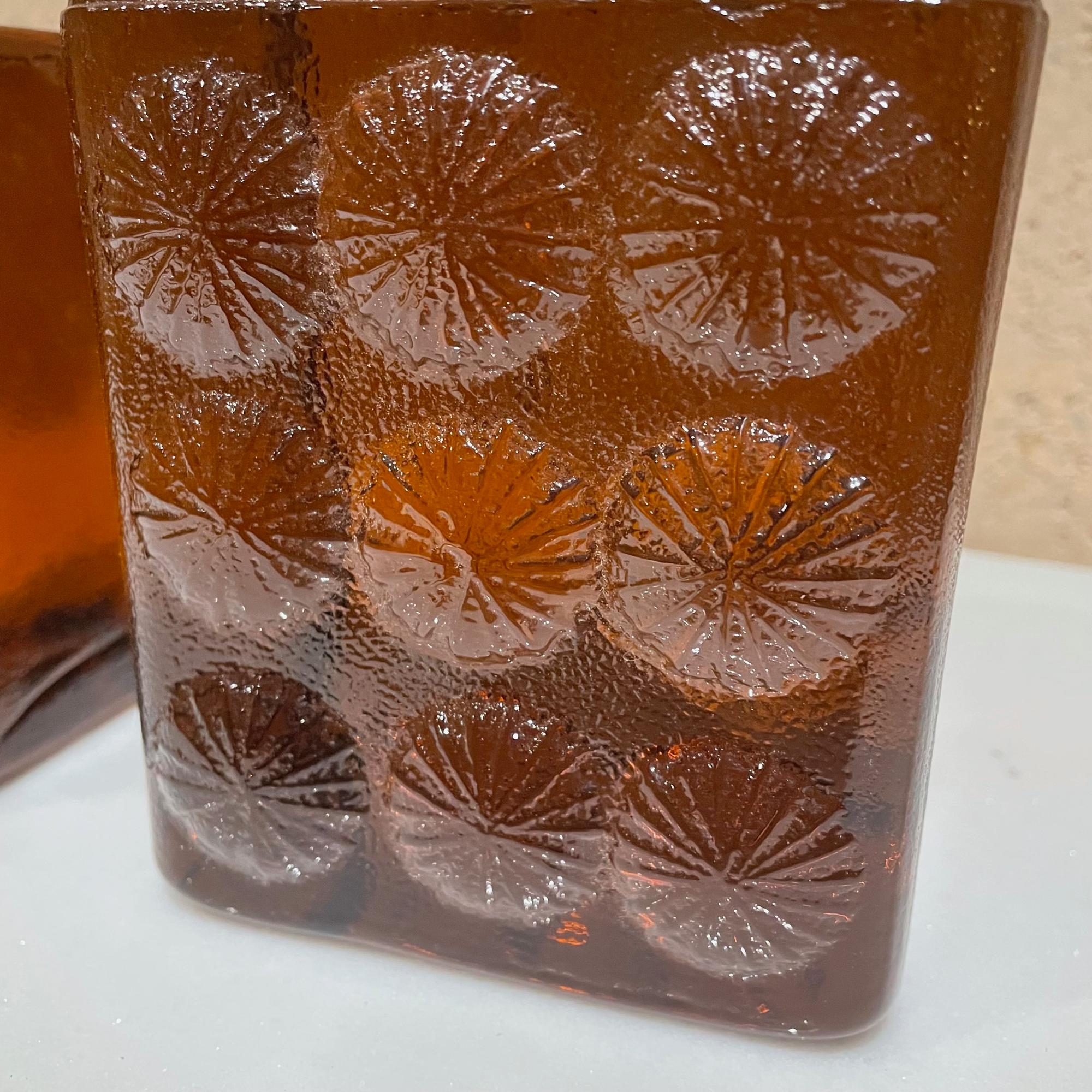 Mid-Century Modern Blenko Ice Block Bookends in Amber Glass Abstract Flower Design 1967 Joel Myers