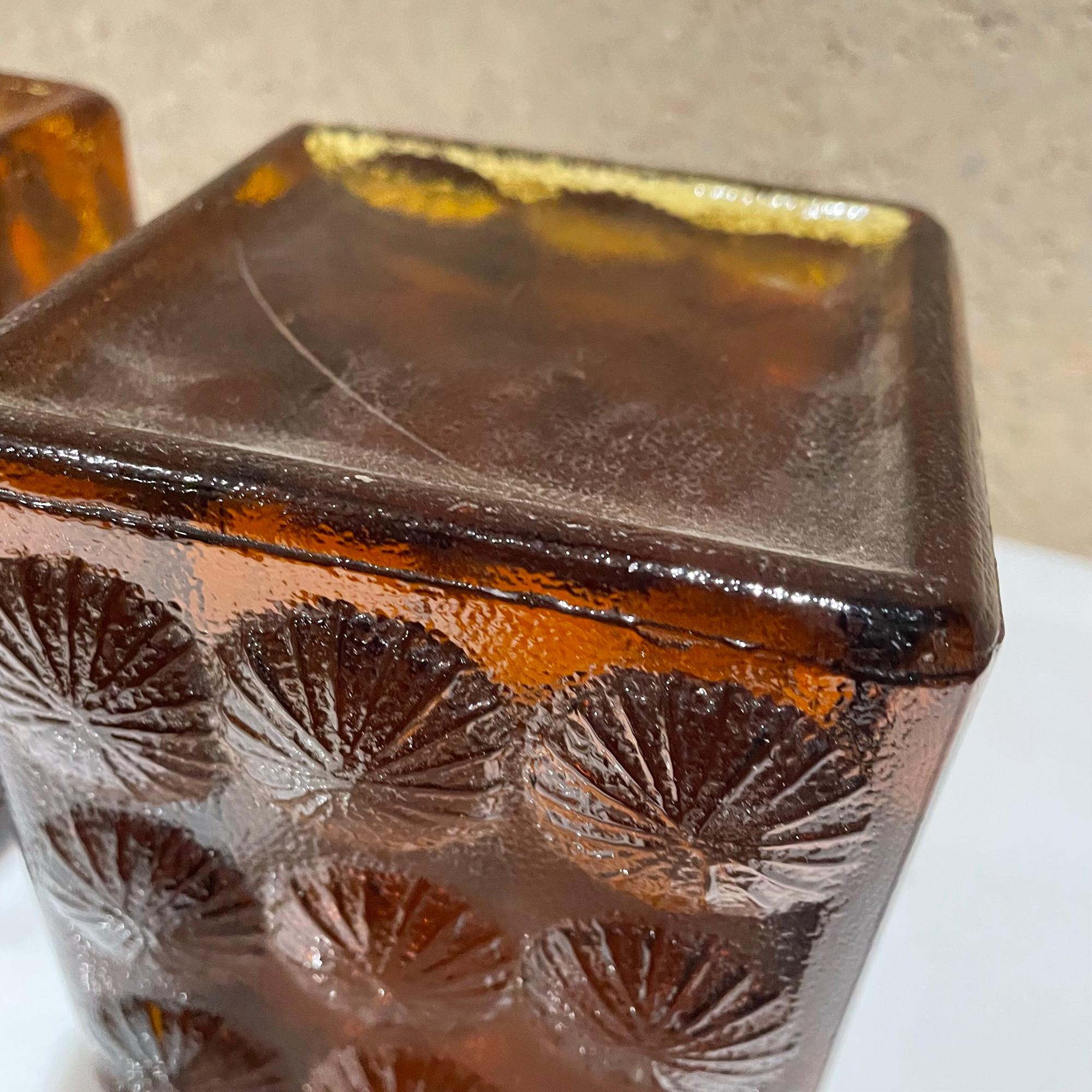 American Blenko Ice Block Bookends in Amber Glass Abstract Flower Design 1967 Joel Myers