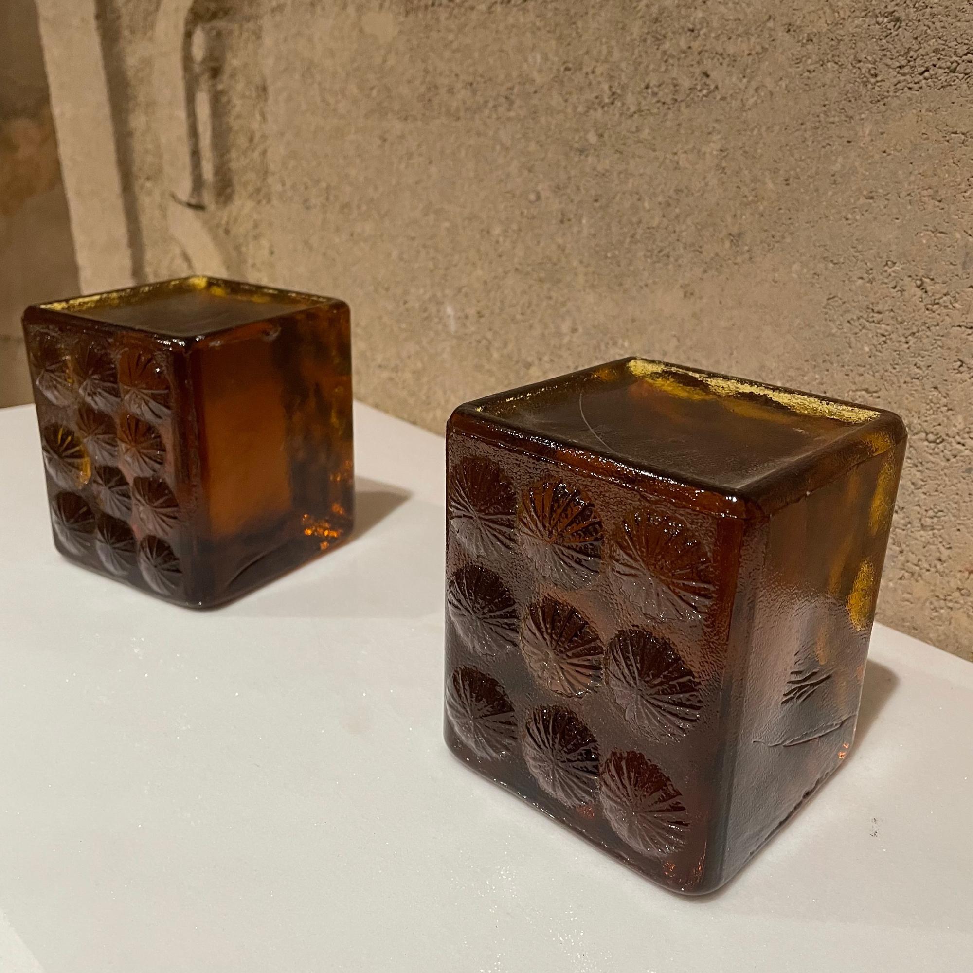 Mid-20th Century Blenko Ice Block Bookends in Amber Glass Abstract Flower Design 1967 Joel Myers