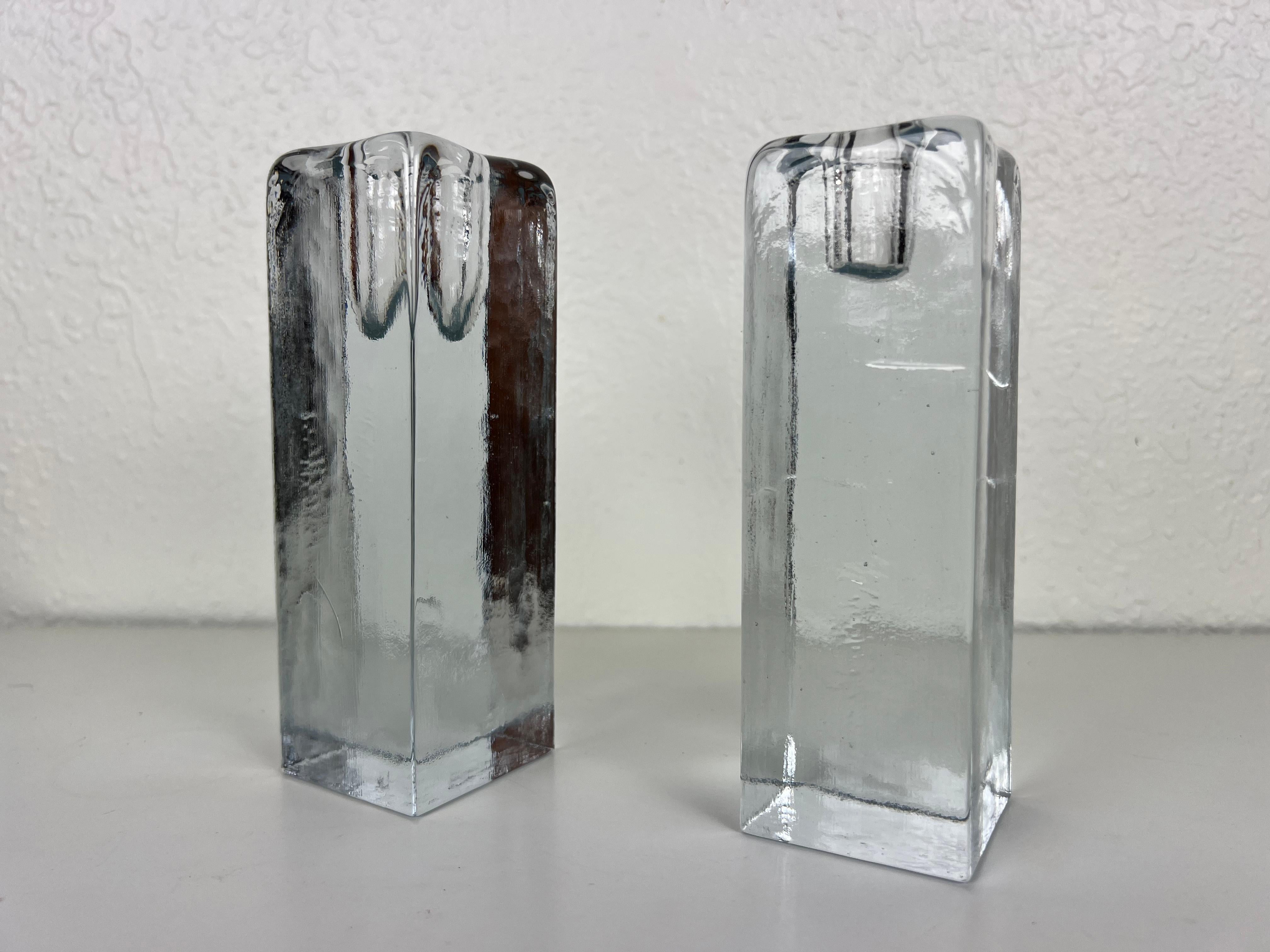 Glass Blenko Ice Cube Pillar Candleholders, a Pair For Sale