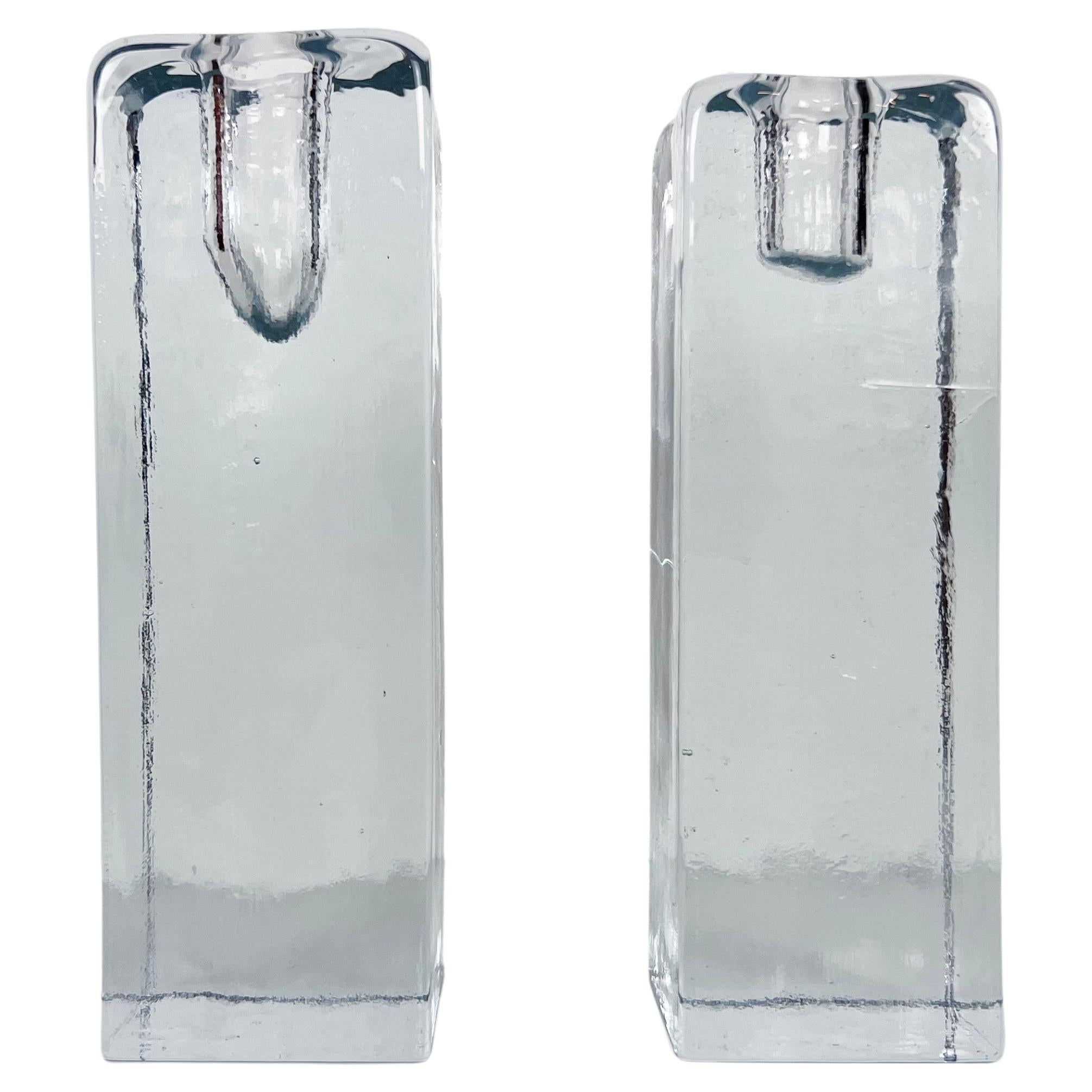 Blenko Ice Cube Pillar Candleholders, a Pair