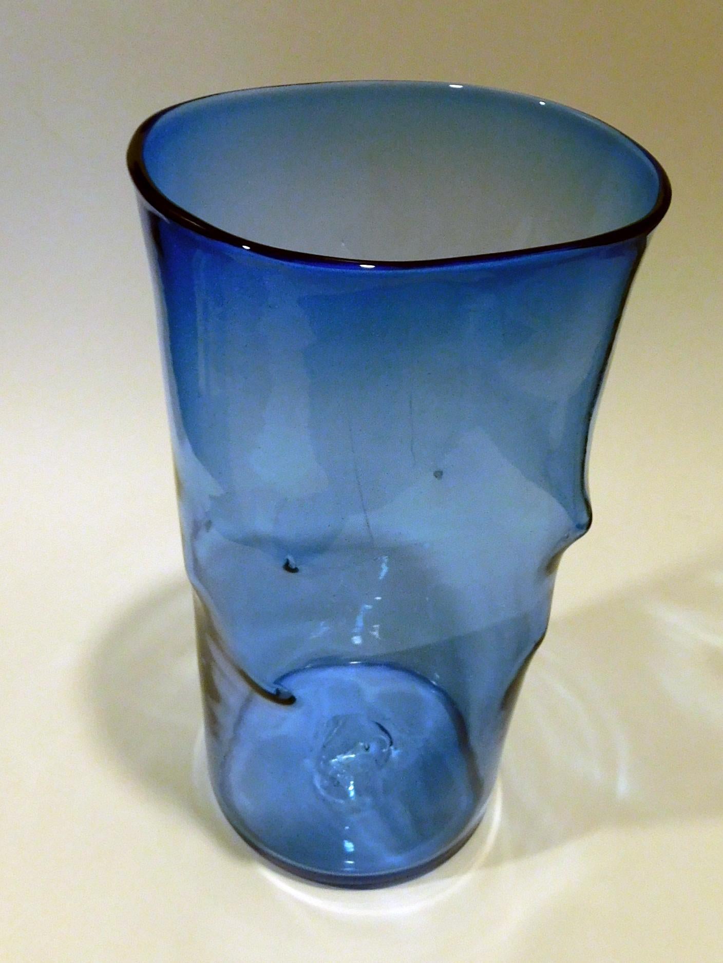 Blenko Large Pinched Vase in Bright Blue, Mint Condition In Good Condition For Sale In Phoenix, AZ