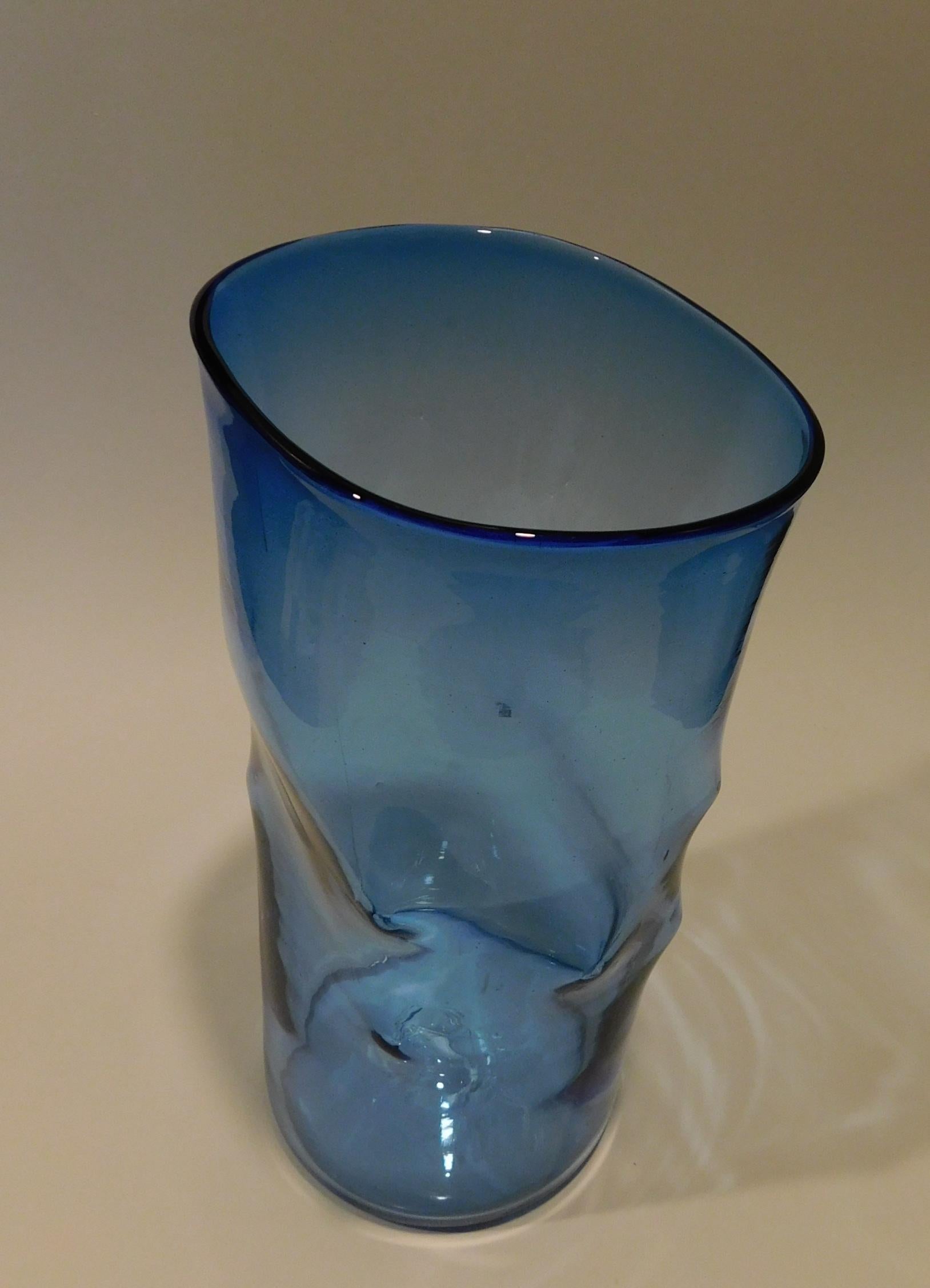 20th Century Blenko Large Pinched Vase in Bright Blue, Mint Condition For Sale