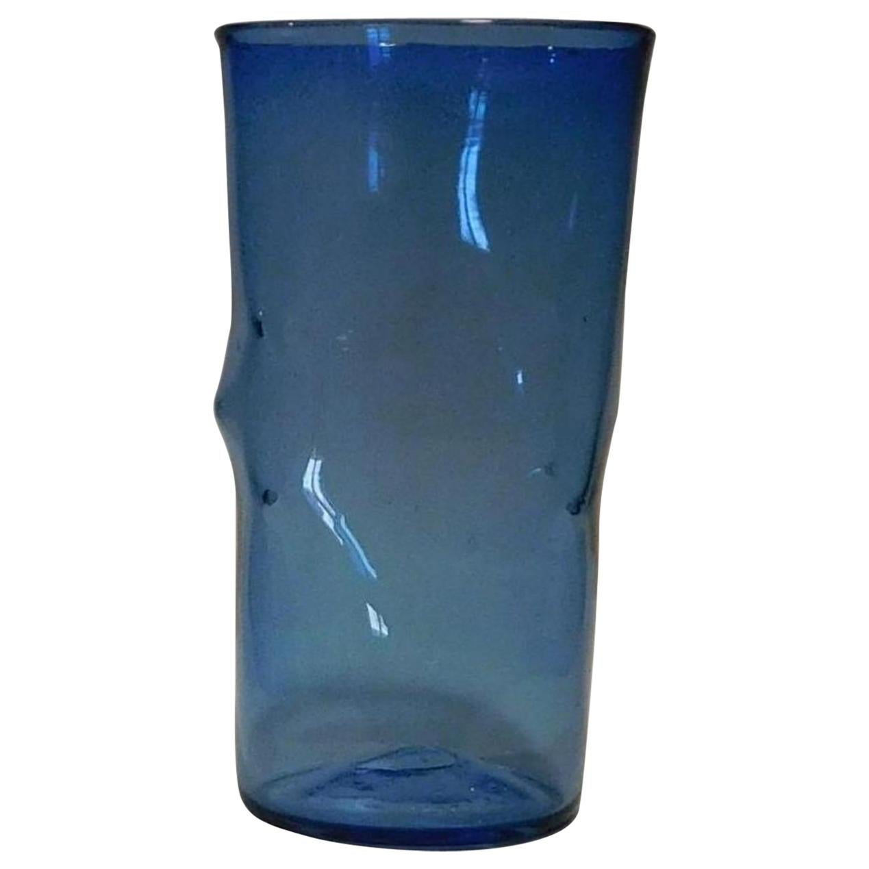 Blenko Large Pinched Vase in Bright Blue, Mint Condition