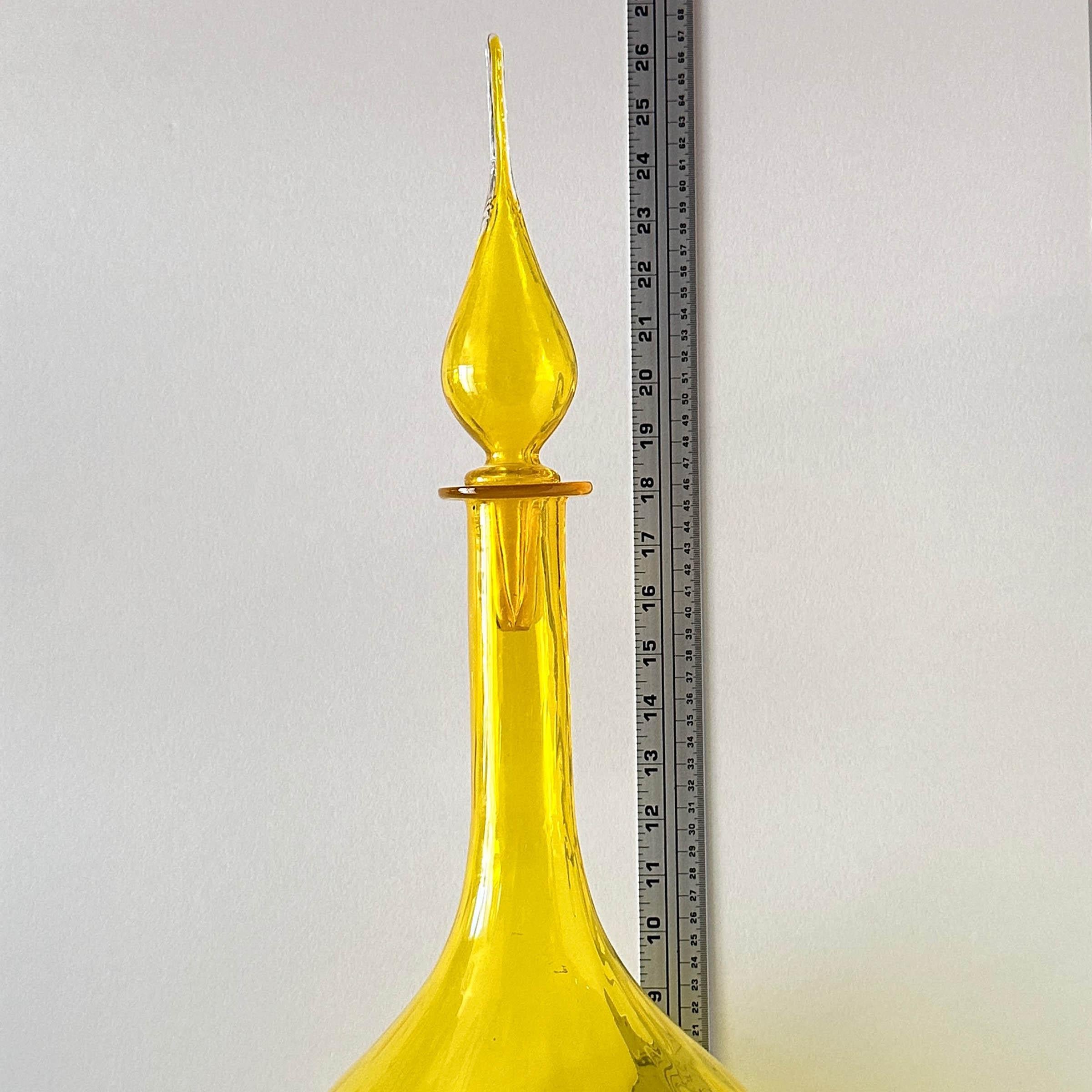American Blenko Lemon Yellow Optical Art Glass Flame Stopper Decanter For Sale