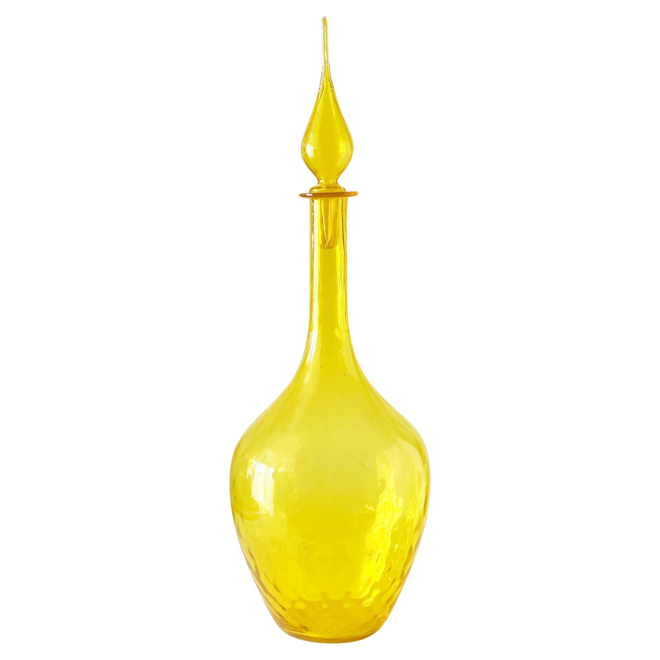 Blenko Lemon Yellow Optical Art Glass Flame Stopper Decanter
