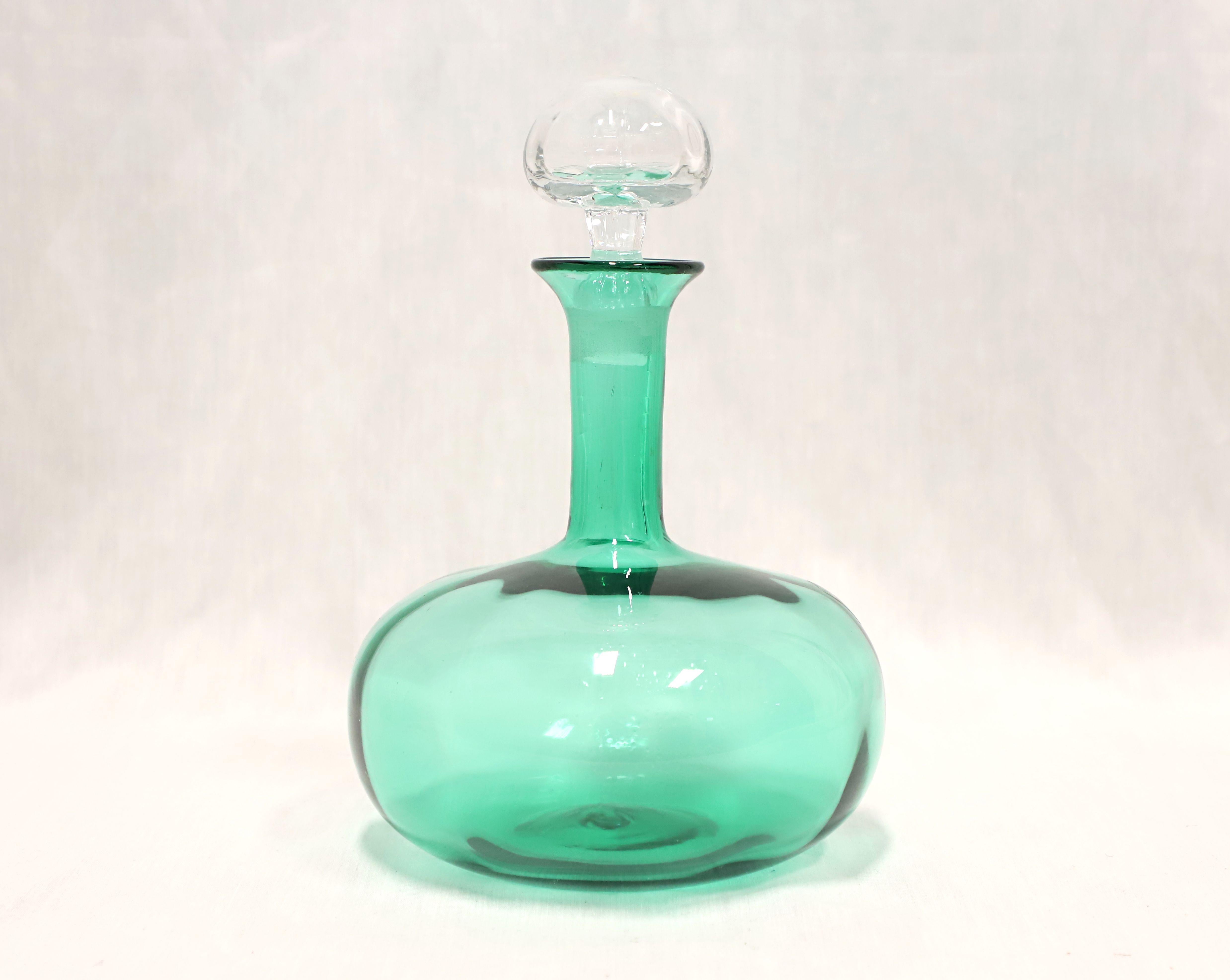 American BLENKO Mid 20th Century Hand-Blown Green Glass Decanter For Sale