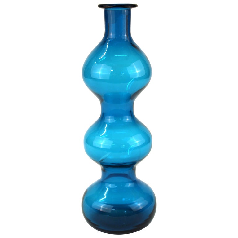 Blenko MidCentury Modern Art Glass Bottle Vase in BlueGreen at