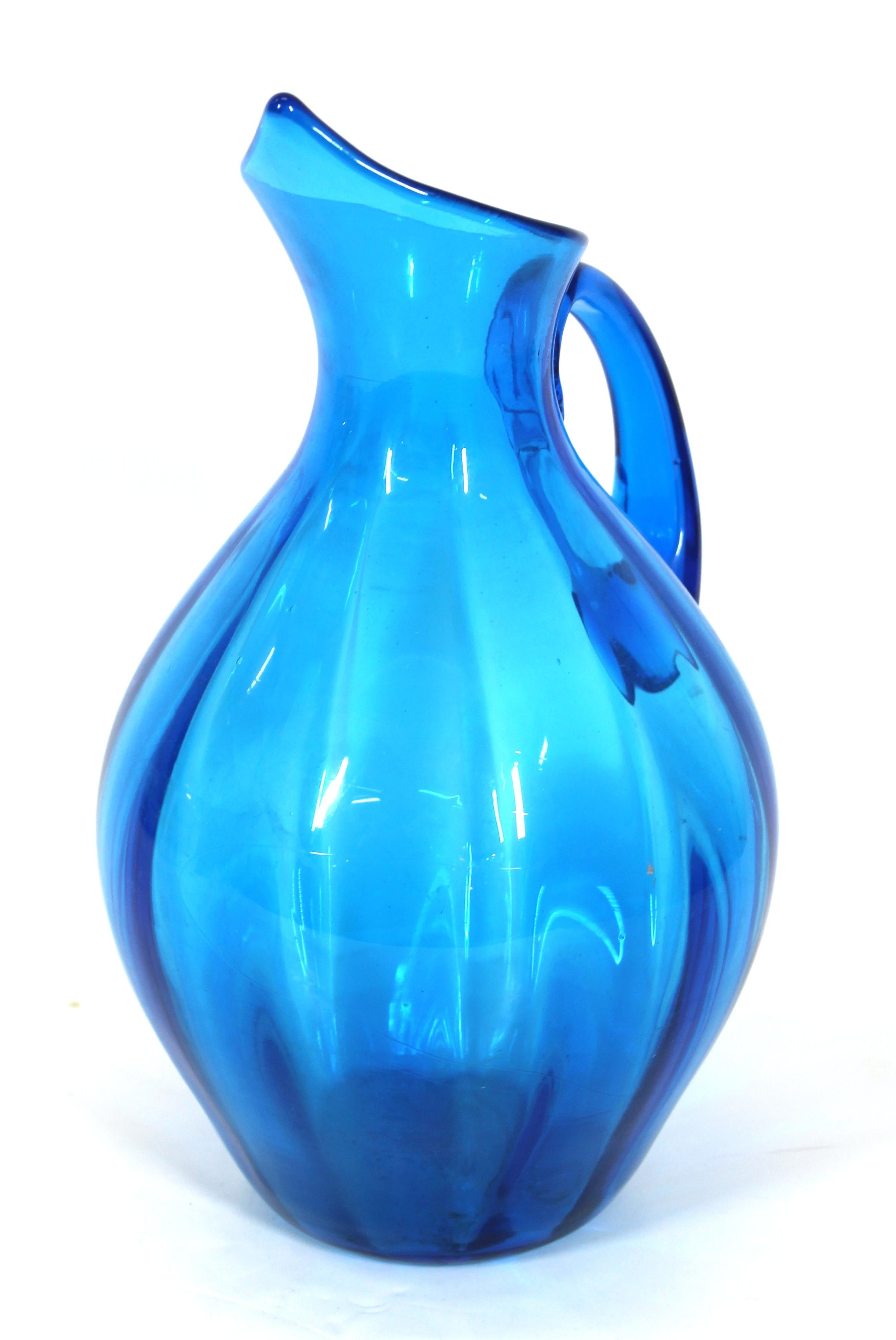 Blenko Mid-Century Modern blue hand-blown glass pitcher, unmarked. Measures: 13