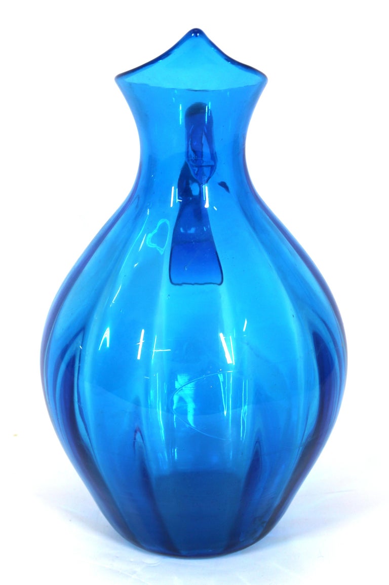 North American Blenko Mid-Century Modern Blue Glass Pitcher For Sale
