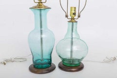 Blenko Midcentury Seafoam & Aqua Art Glass Table Lamp Pair, Scandinavian Modern
