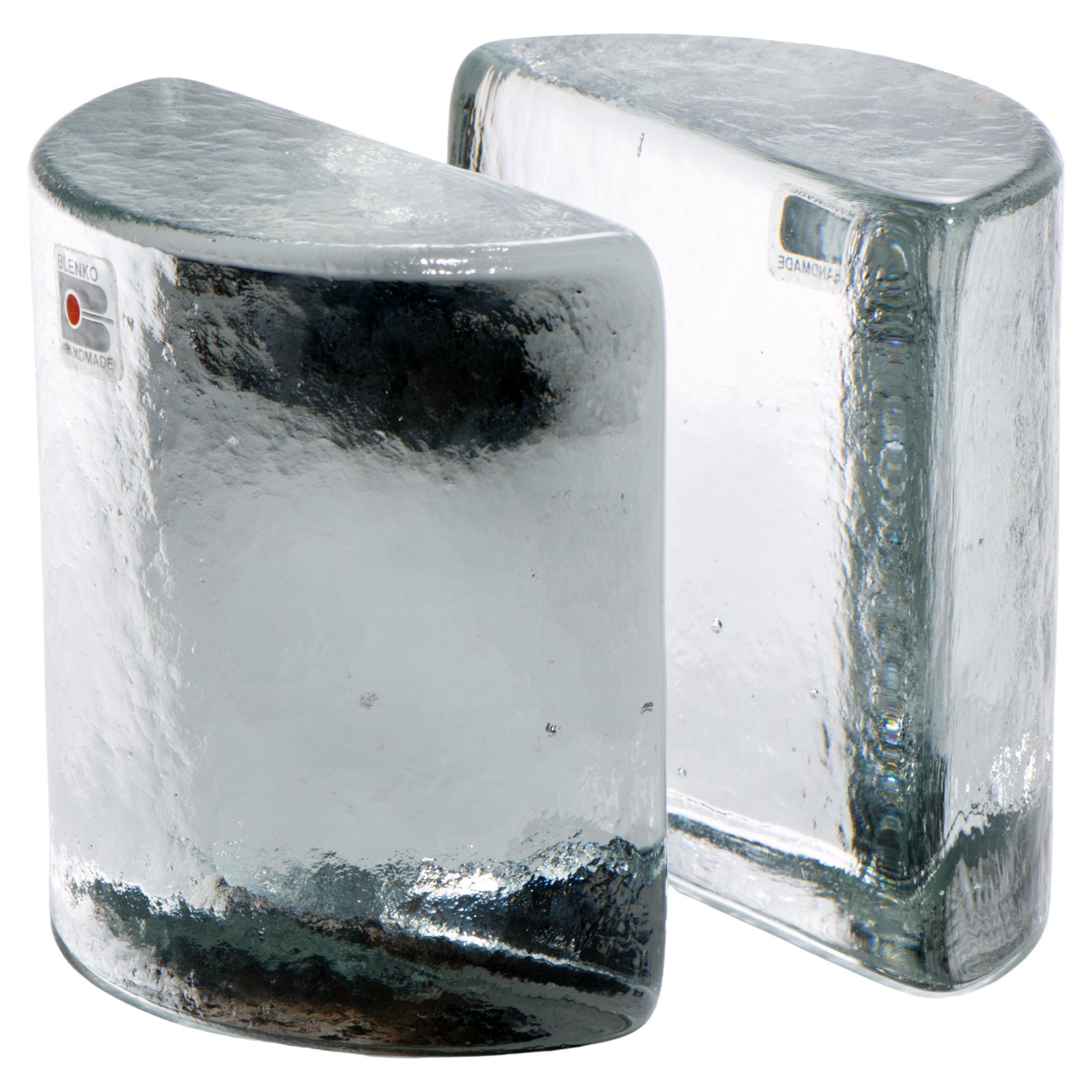 Blenko Pair of Clear Glass Half Circle Solid Bookends