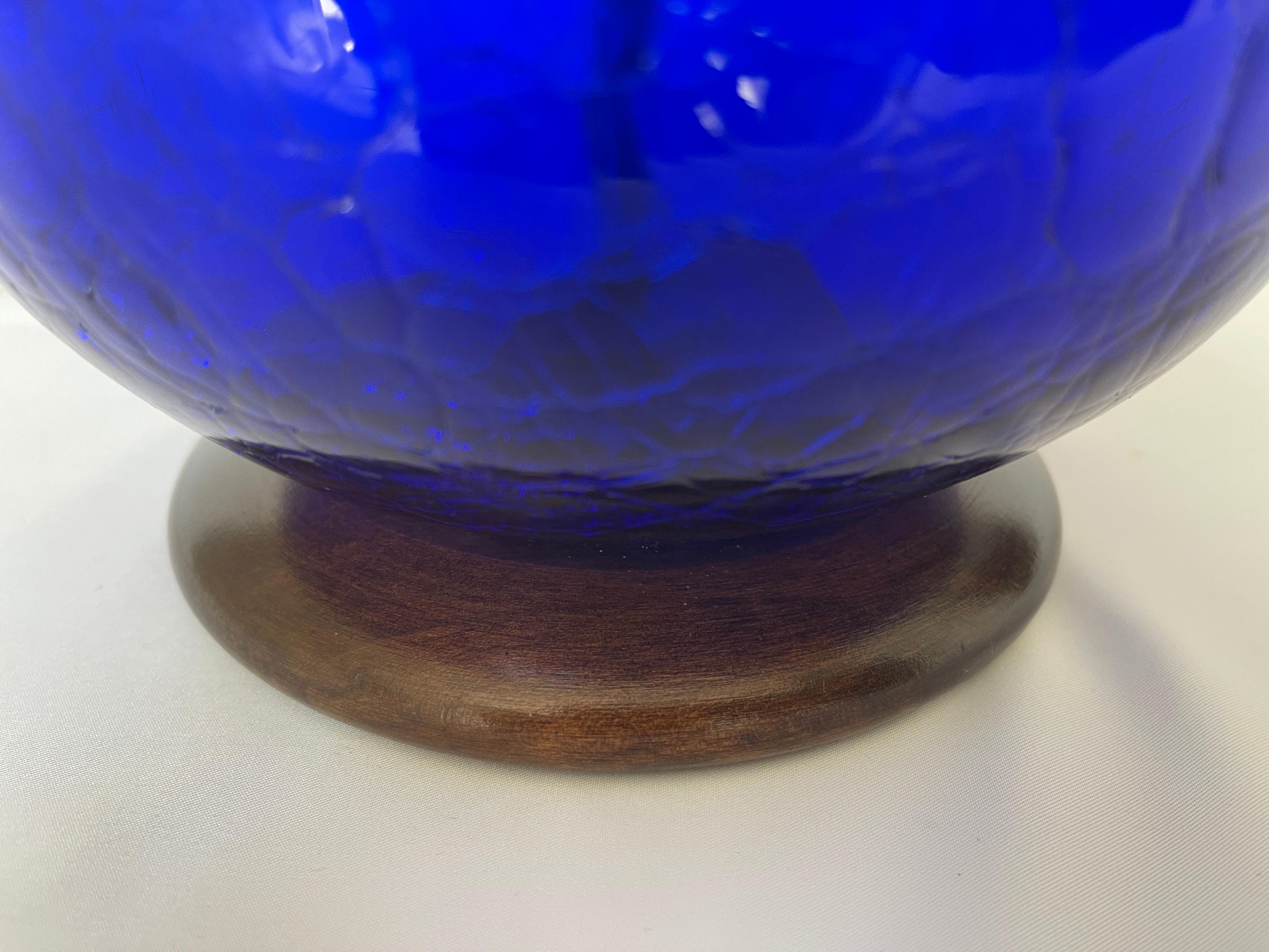 Blenko Signed Blue Crackled Glass Barrel Lamp For Sale 4