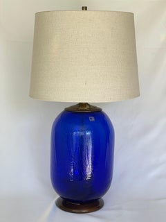 Blenko Signed Blue Crackled Glass Barrel Lamp