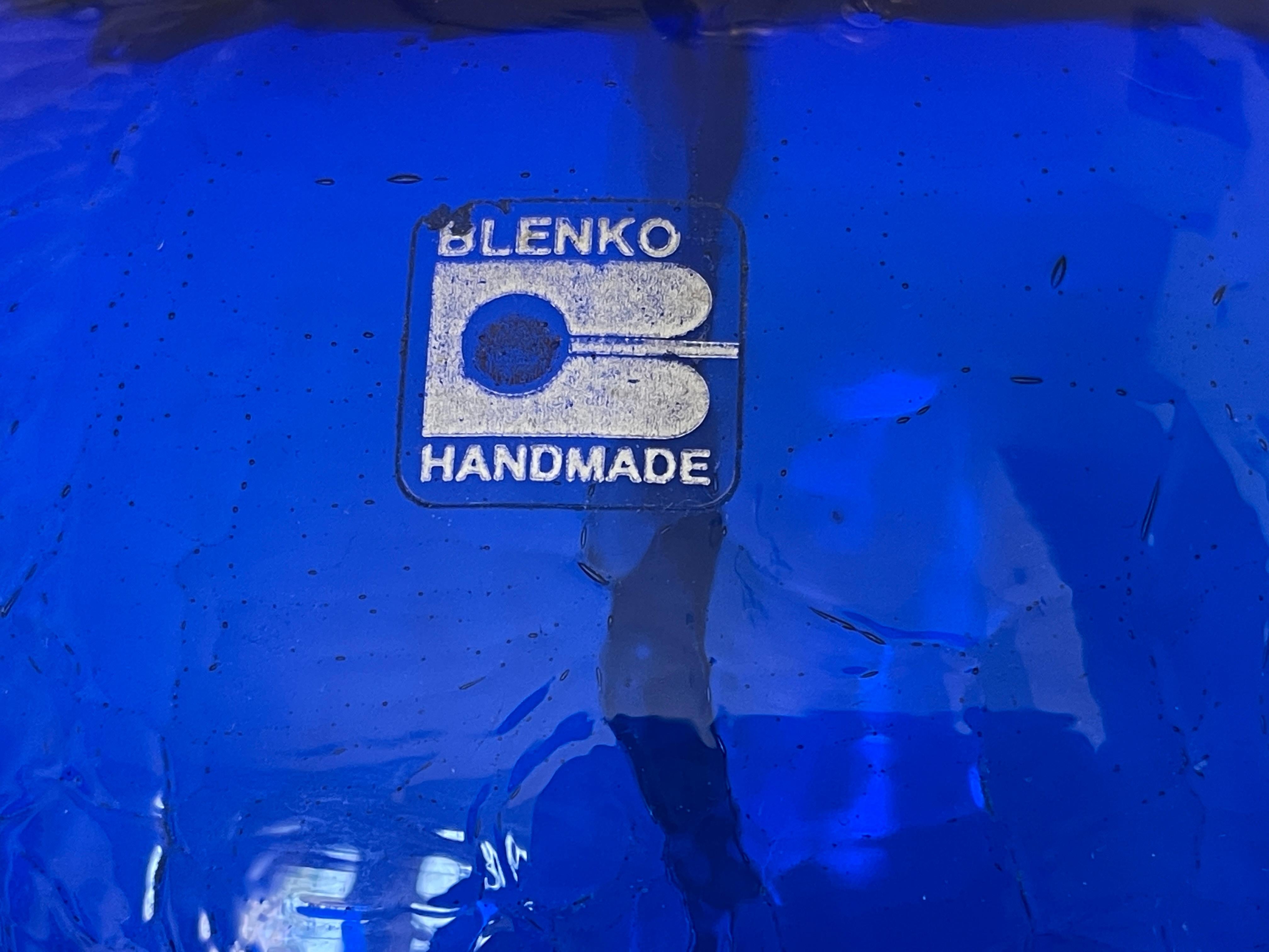 Blenko Signierte blaue Fass-Lampe aus Craquelé-Glas (amerikanisch) im Angebot